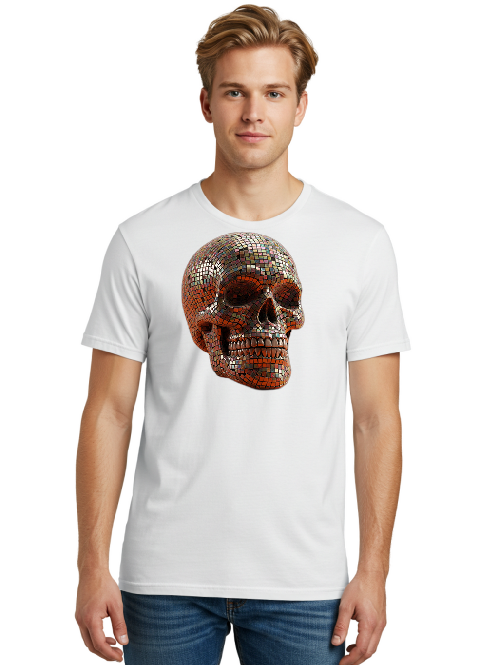 Skull-Mosaic Men'S Graphic Tee, 100% Cotton, Comfortable Casual Summer Wear, Machine Washable, Vintage Camera, Old Camera, Antique Camera, Black Camera, Classic Photography, Photography Equipment, Nostalgic Device, Film Camera, Camera Art Bal326