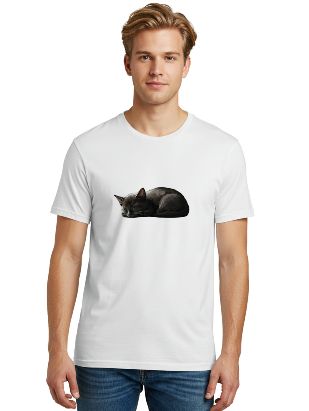 Sleeping-Black-Cat-1 Men'S Graphic Tee, 100% Cotton, Comfortable Casual Summer Wear, Machine Washable, Vintage Camera, Old Camera, Antique Camera, Black Camera, Classic Photography, Photography Equipment, Nostalgic Device, Film Camera, Bal333