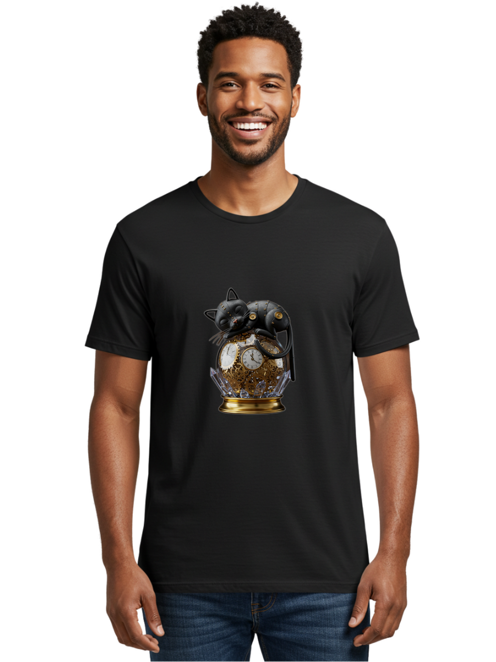 Steampunk-Cat-Clock Men'S Graphic Tee, 100% Cotton, Comfortable Casual Summer Wear, Machine Washable, Vintage Camera, Old Camera, Antique Camera, Black Camera, Classic Photography, Photography Equipment, Nostalgic Device, Film Camera, Bal409