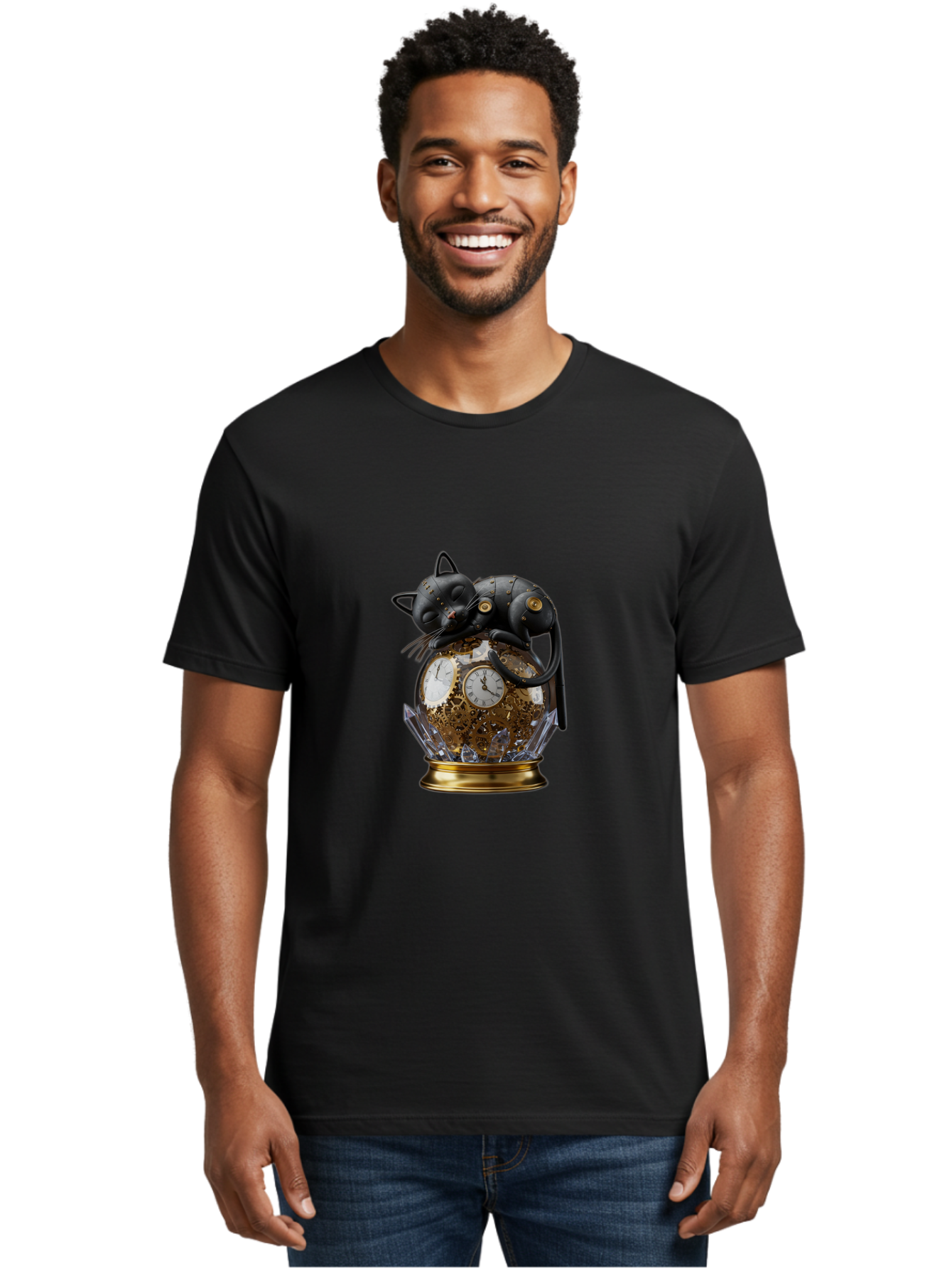 Steampunk-Cat-Clock Men'S Graphic Tee, 100% Cotton, Comfortable Casual Summer Wear, Machine Washable, Vintage Camera, Old Camera, Antique Camera, Black Camera, Classic Photography, Photography Equipment, Nostalgic Device, Film Camera, Bal409