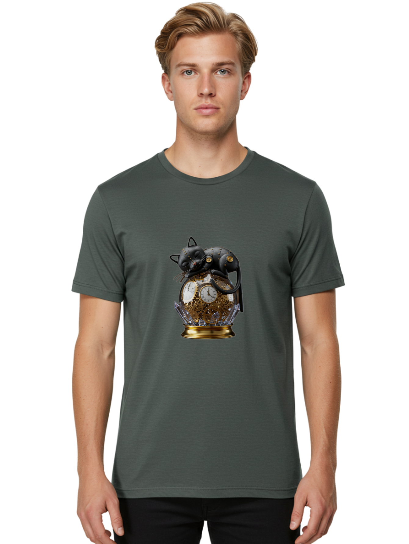 Steampunk-Cat-Clock Men'S Graphic Tee, 100% Cotton, Comfortable Casual Summer Wear, Machine Washable, Vintage Camera, Old Camera, Antique Camera, Black Camera, Classic Photography, Photography Equipment, Nostalgic Device, Film Camera, Bal409