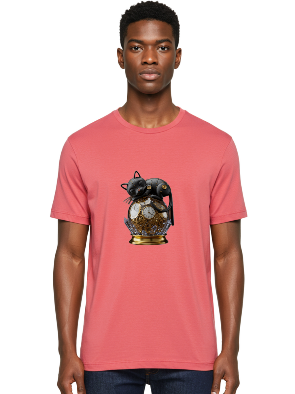 Steampunk-Cat-Clock Men'S Graphic Tee, 100% Cotton, Comfortable Casual Summer Wear, Machine Washable, Vintage Camera, Old Camera, Antique Camera, Black Camera, Classic Photography, Photography Equipment, Nostalgic Device, Film Camera, Bal409