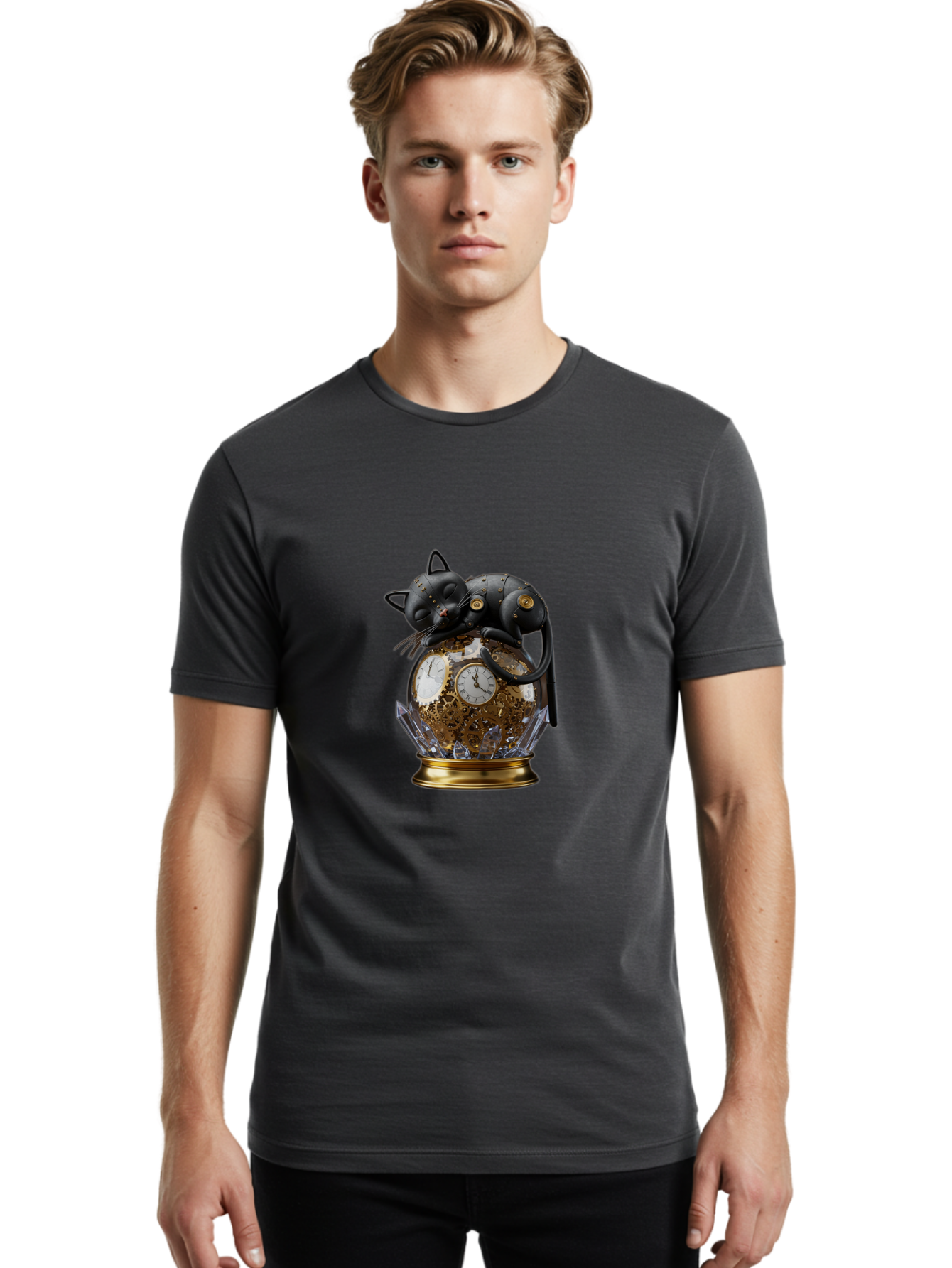 Steampunk-Cat-Clock Men'S Graphic Tee, 100% Cotton, Comfortable Casual Summer Wear, Machine Washable, Vintage Camera, Old Camera, Antique Camera, Black Camera, Classic Photography, Photography Equipment, Nostalgic Device, Film Camera, Bal409