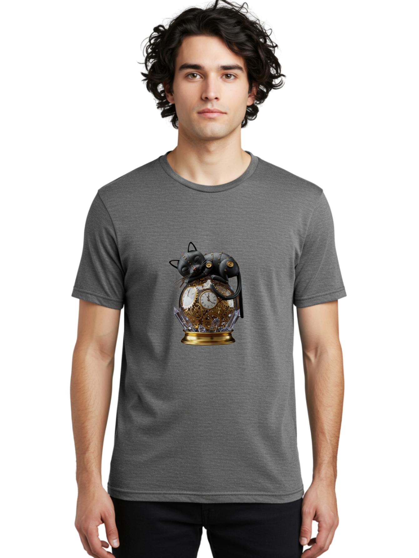 Steampunk-Cat-Clock Men'S Graphic Tee, 100% Cotton, Comfortable Casual Summer Wear, Machine Washable, Vintage Camera, Old Camera, Antique Camera, Black Camera, Classic Photography, Photography Equipment, Nostalgic Device, Film Camera, Bal409