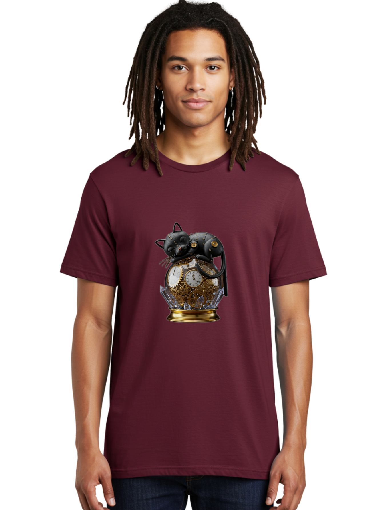 Steampunk-Cat-Clock Men'S Graphic Tee, 100% Cotton, Comfortable Casual Summer Wear, Machine Washable, Vintage Camera, Old Camera, Antique Camera, Black Camera, Classic Photography, Photography Equipment, Nostalgic Device, Film Camera, Bal409