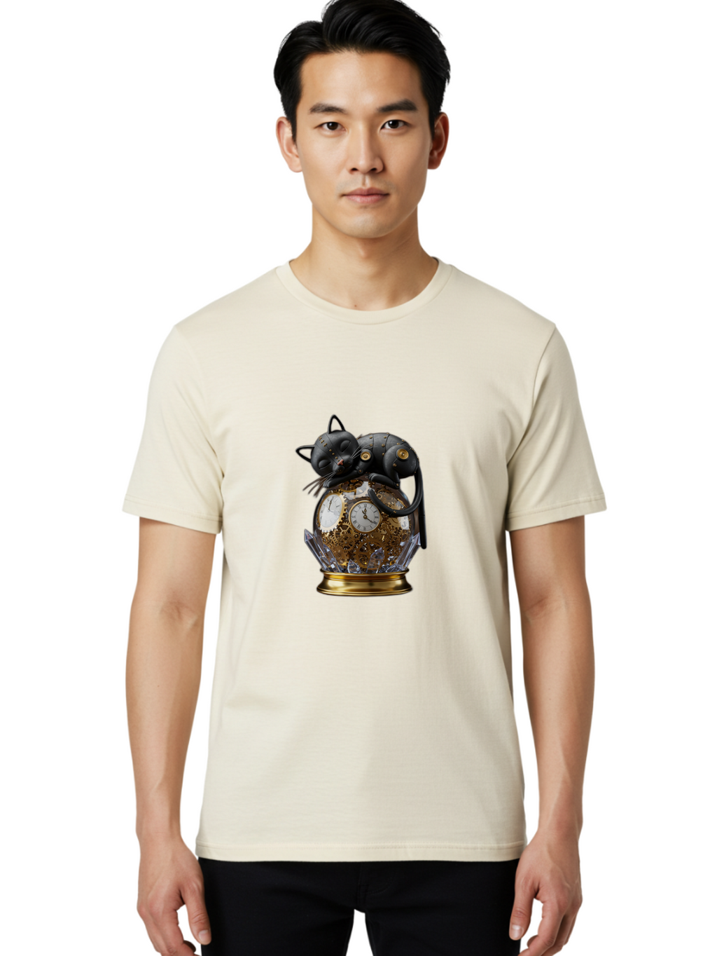 Steampunk-Cat-Clock Men'S Graphic Tee, 100% Cotton, Comfortable Casual Summer Wear, Machine Washable, Vintage Camera, Old Camera, Antique Camera, Black Camera, Classic Photography, Photography Equipment, Nostalgic Device, Film Camera, Bal409