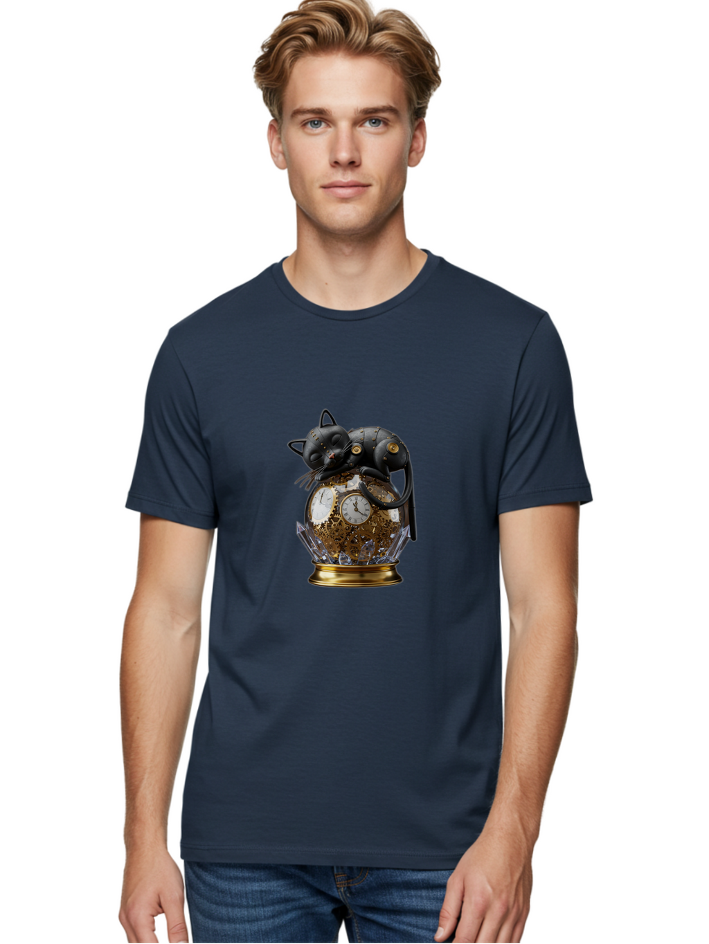 Steampunk-Cat-Clock Men'S Graphic Tee, 100% Cotton, Comfortable Casual Summer Wear, Machine Washable, Vintage Camera, Old Camera, Antique Camera, Black Camera, Classic Photography, Photography Equipment, Nostalgic Device, Film Camera, Bal409