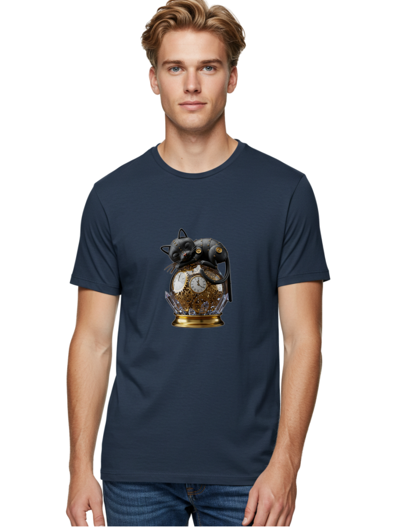 Steampunk-Cat-Clock Men'S Graphic Tee, 100% Cotton, Comfortable Casual Summer Wear, Machine Washable, Vintage Camera, Old Camera, Antique Camera, Black Camera, Classic Photography, Photography Equipment, Nostalgic Device, Film Camera, Bal409