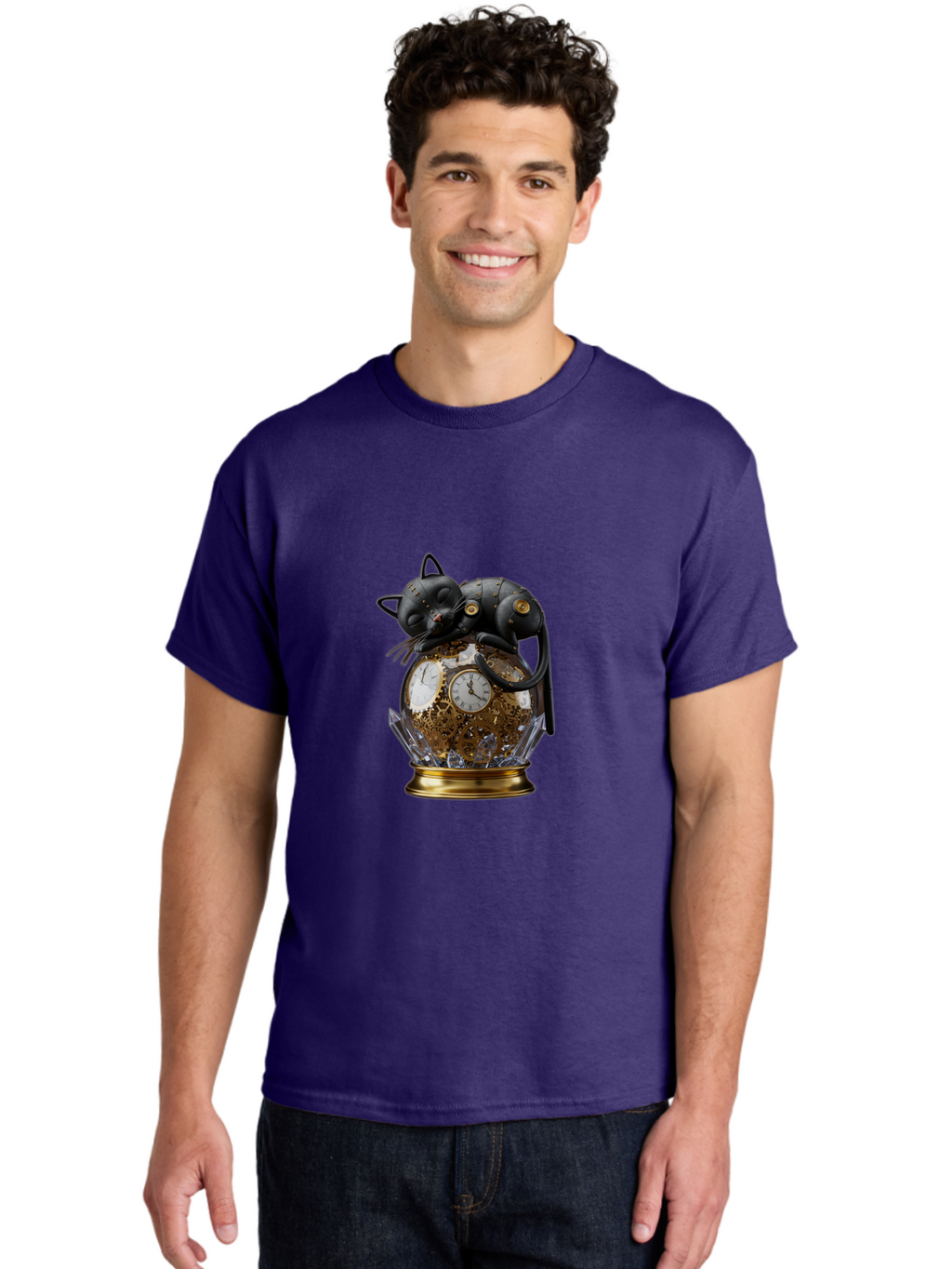Steampunk-Cat-Clock Men'S Graphic Tee, 100% Cotton, Comfortable Casual Summer Wear, Machine Washable, Vintage Camera, Old Camera, Antique Camera, Black Camera, Classic Photography, Photography Equipment, Nostalgic Device, Film Camera, Bal409