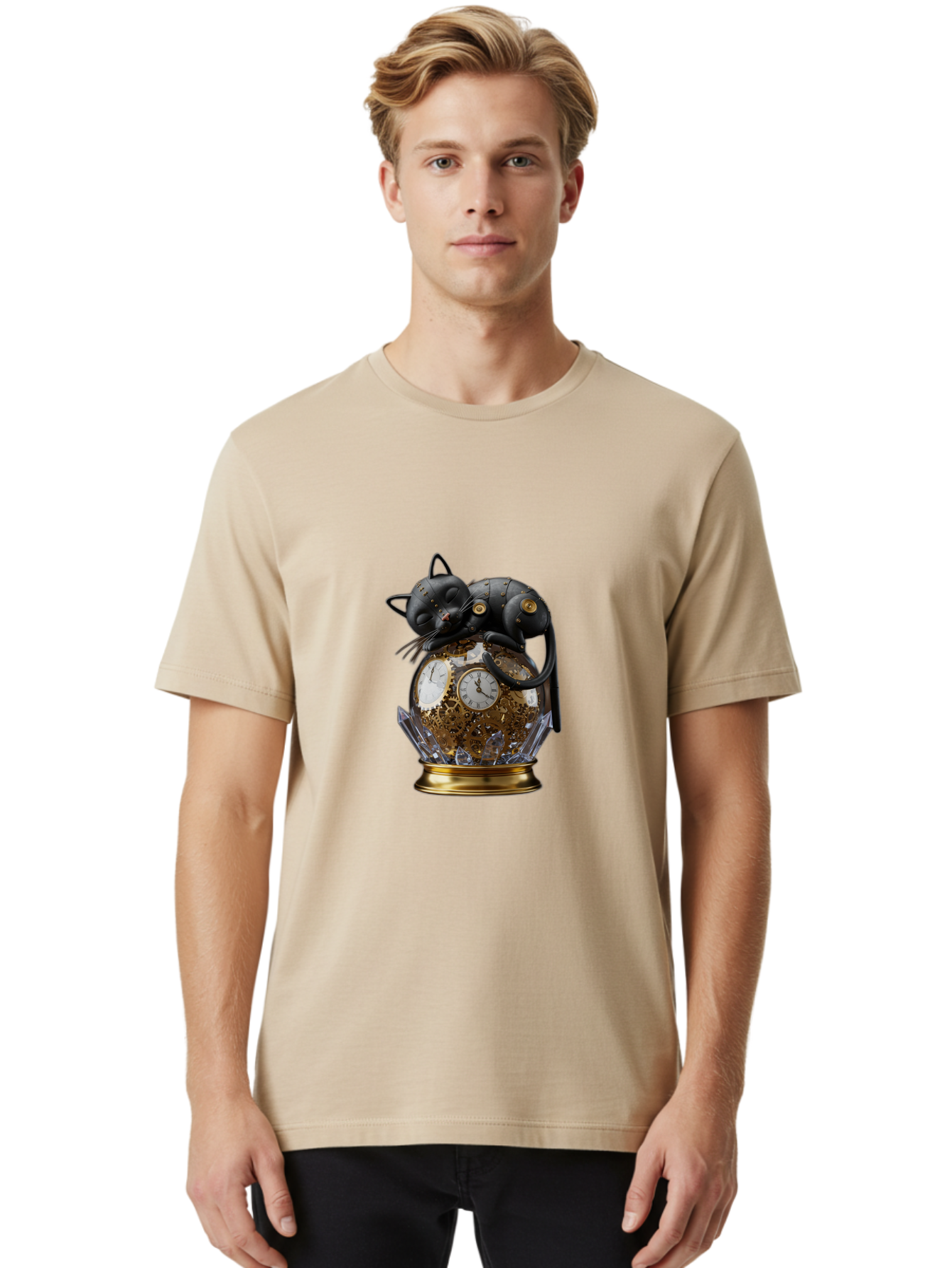 Steampunk-Cat-Clock Men'S Graphic Tee, 100% Cotton, Comfortable Casual Summer Wear, Machine Washable, Vintage Camera, Old Camera, Antique Camera, Black Camera, Classic Photography, Photography Equipment, Nostalgic Device, Film Camera, Bal409