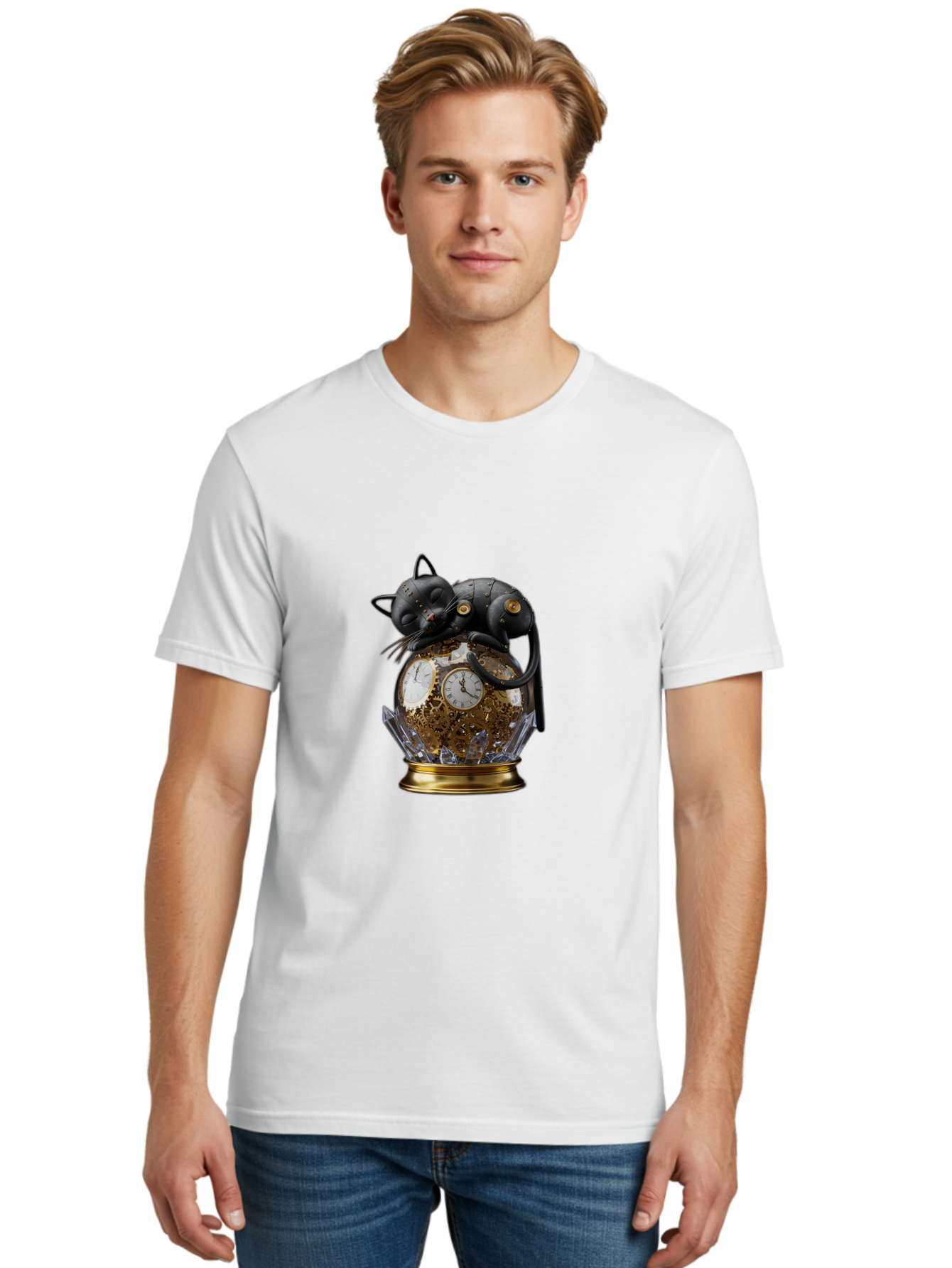 Steampunk-Cat-Clock Men'S Graphic Tee, 100% Cotton, Comfortable Casual Summer Wear, Machine Washable, Vintage Camera, Old Camera, Antique Camera, Black Camera, Classic Photography, Photography Equipment, Nostalgic Device, Film Camera, Bal409