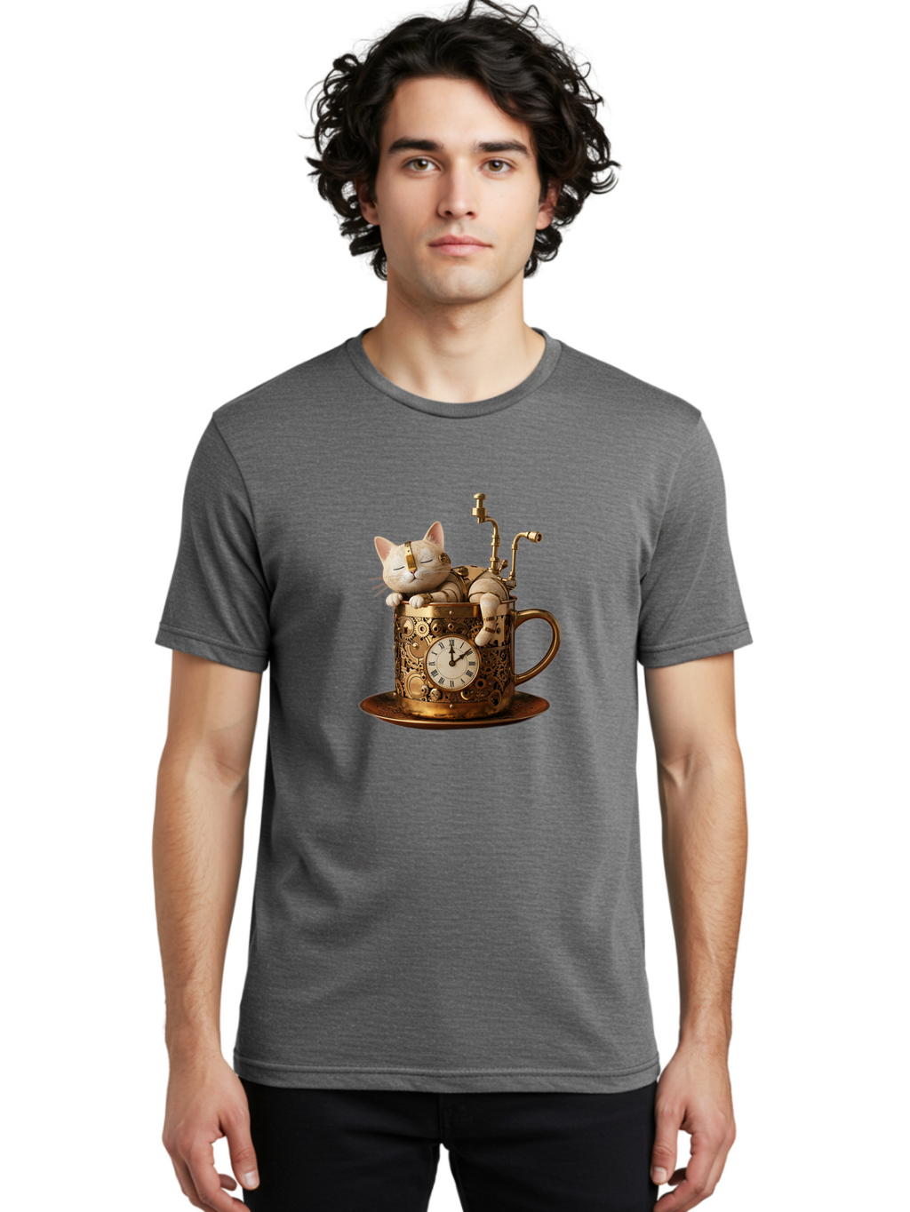 Steampunk-Cat Men'S Graphic Tee, 100% Cotton, Comfortable Casual Summer Wear, Machine Washable, Vintage Camera, Old Camera, Antique Camera, Black Camera, Classic Photography, Photography Equipment, Nostalgic Device, Film Camera, Camera Art Bal410