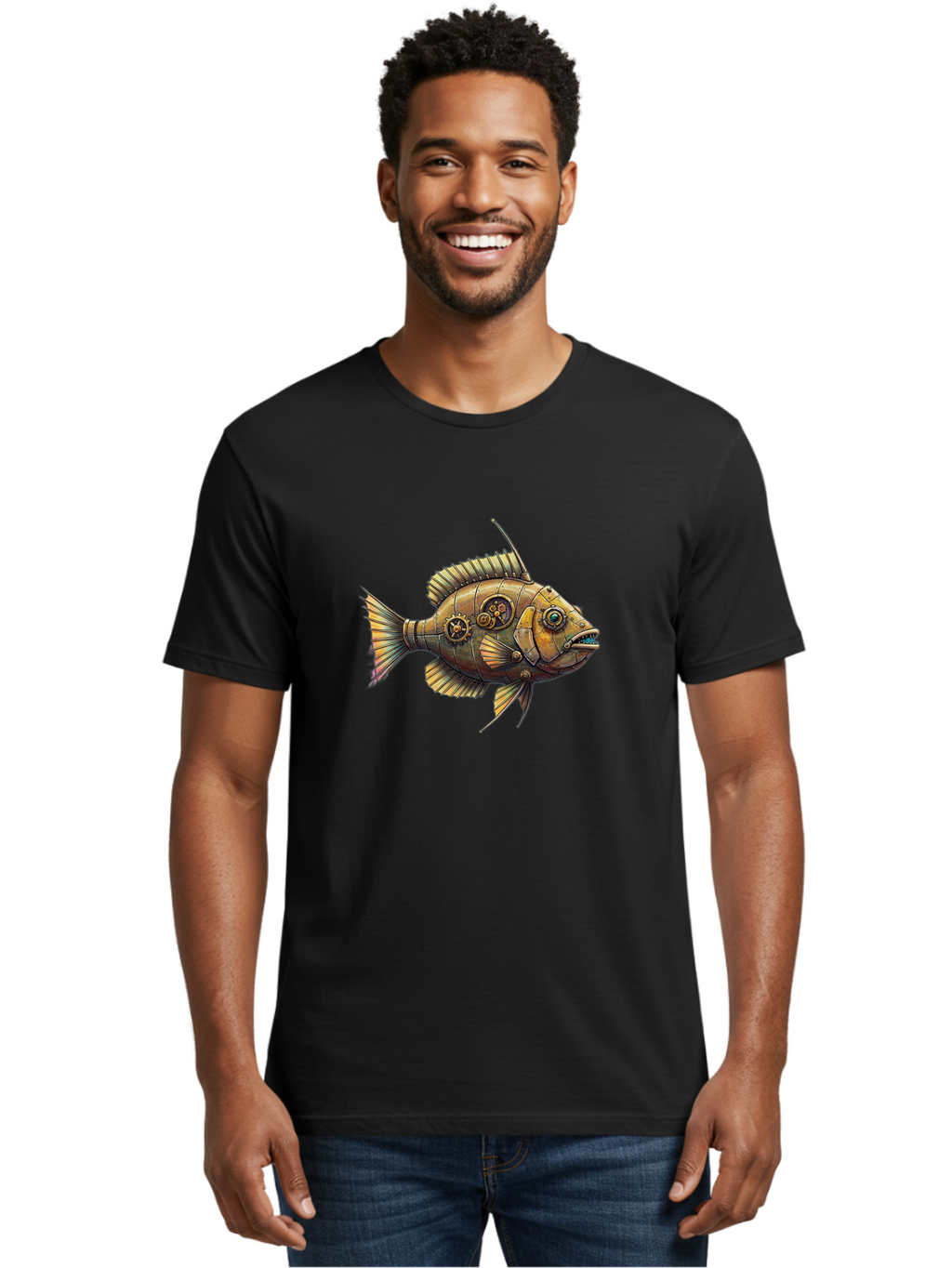 Steampunk-Fish-1 Men'S Graphic Tee, 100% Cotton, Comfortable Casual Summer Wear, Machine Washable, Vintage Camera, Old Camera, Antique Camera, Black Camera, Classic Photography, Photography Equipment, Nostalgic Device, Film Camera, Camera Art Bal412