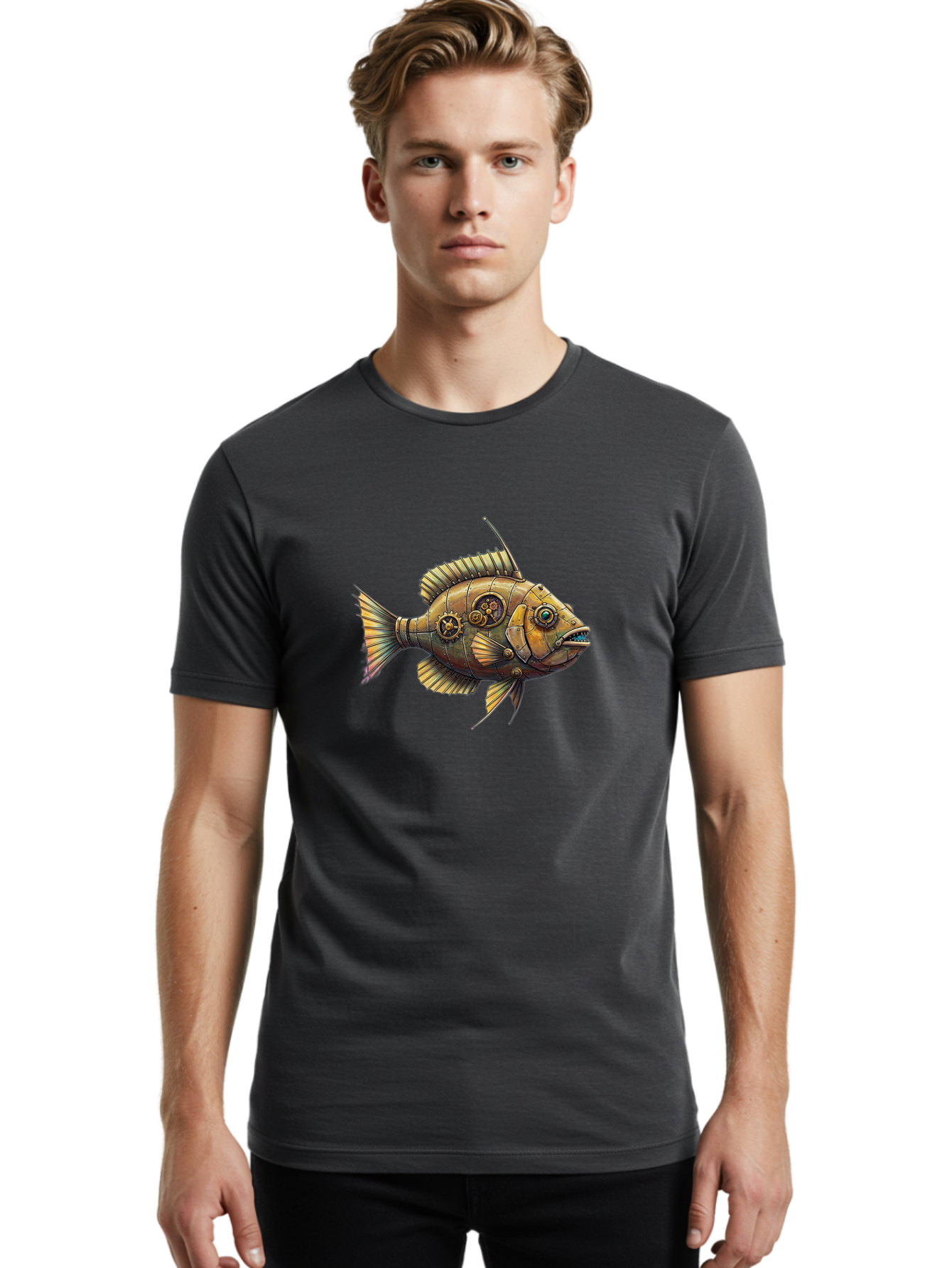 Steampunk-Fish-1 Men'S Graphic Tee, 100% Cotton, Comfortable Casual Summer Wear, Machine Washable, Vintage Camera, Old Camera, Antique Camera, Black Camera, Classic Photography, Photography Equipment, Nostalgic Device, Film Camera, Camera Art Bal412