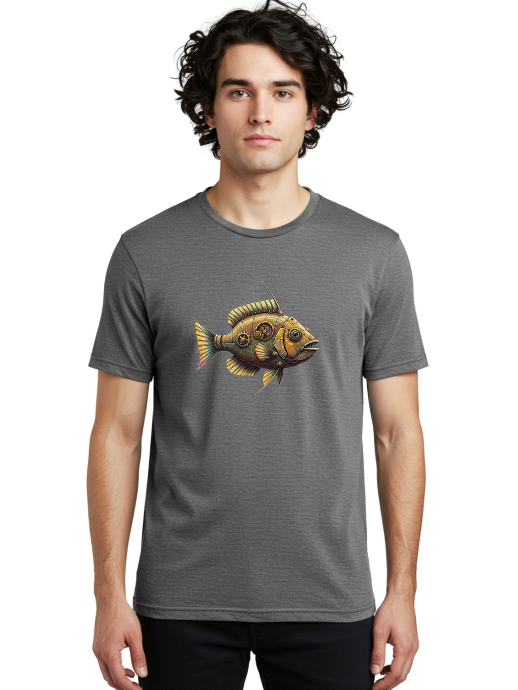 Steampunk-Fish-1 Men'S Graphic Tee, 100% Cotton, Comfortable Casual Summer Wear, Machine Washable, Vintage Camera, Old Camera, Antique Camera, Black Camera, Classic Photography, Photography Equipment, Nostalgic Device, Film Camera, Camera Art Bal412