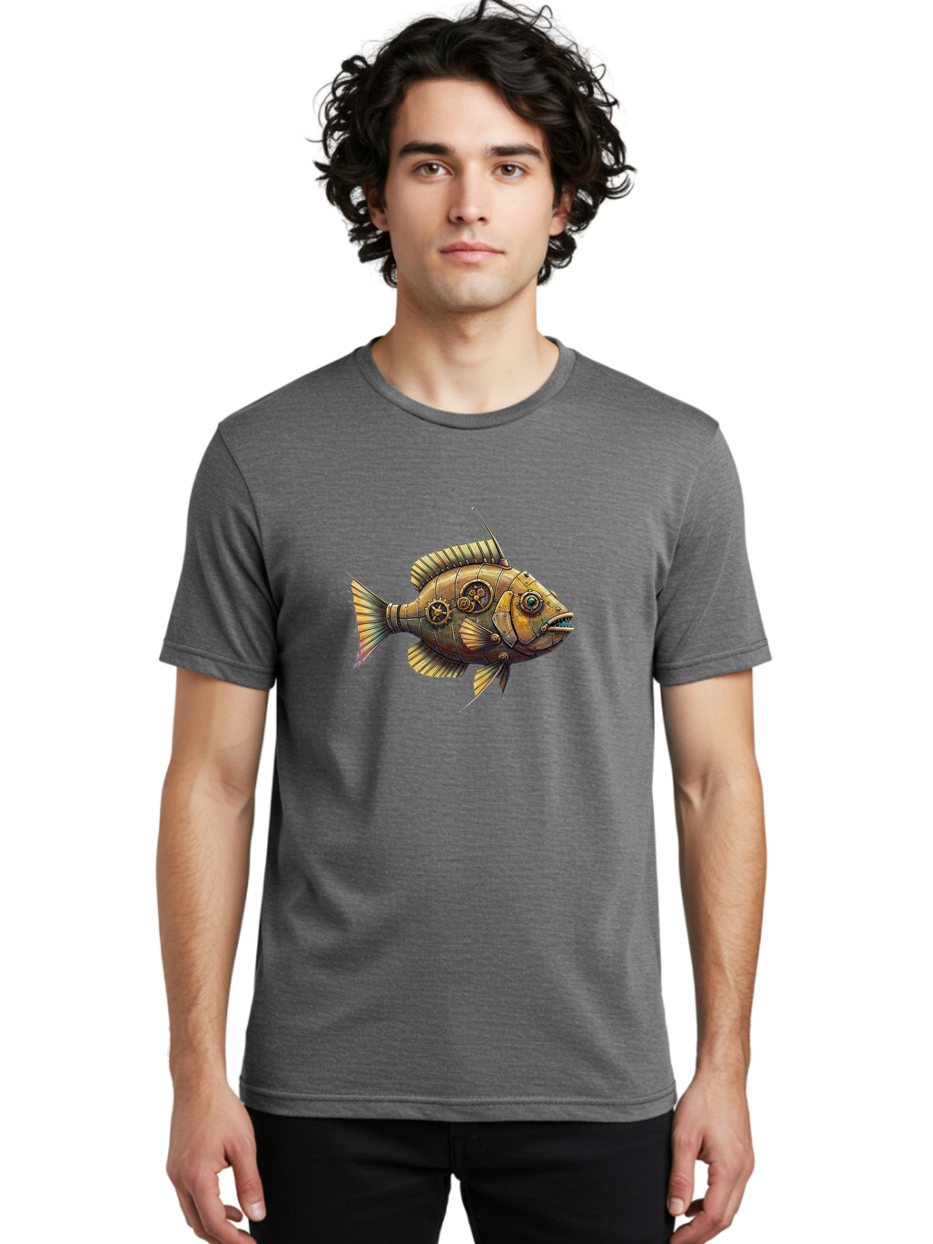 Steampunk-Fish-1 Men'S Graphic Tee, 100% Cotton, Comfortable Casual Summer Wear, Machine Washable, Vintage Camera, Old Camera, Antique Camera, Black Camera, Classic Photography, Photography Equipment, Nostalgic Device, Film Camera, Camera Art Bal412
