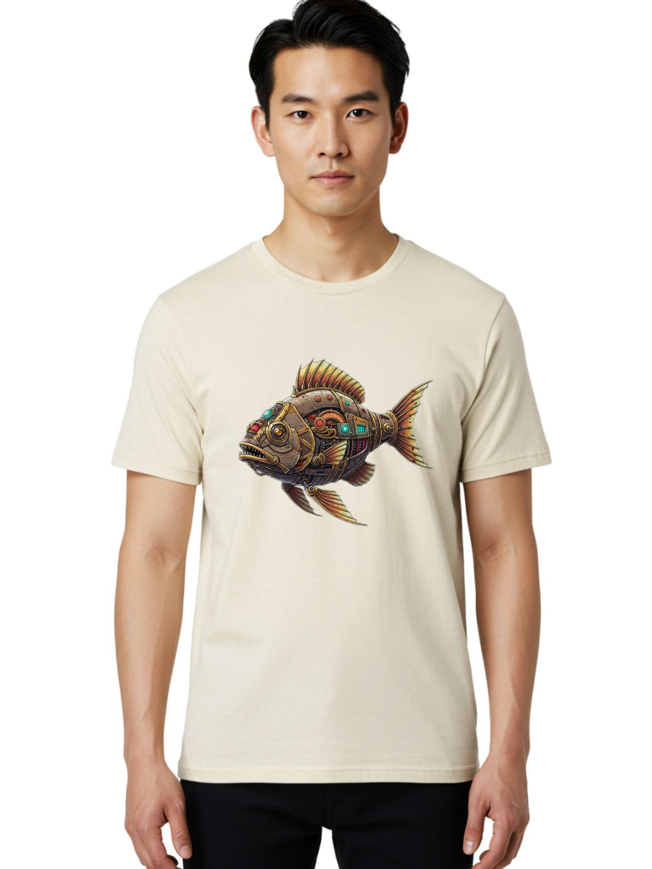 Steampunk-Fish-3 Men'S Graphic Tee, 100% Cotton, Comfortable Casual Summer Wear, Machine Washable, Vintage Camera, Old Camera, Antique Camera, Black Camera, Classic Photography, Photography Equipment, Nostalgic Device, Film Camera, Camera Art Bal414