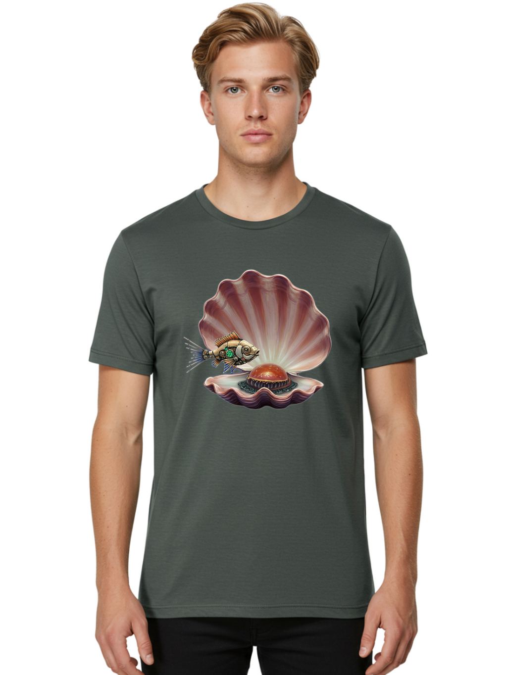 Steampunk-Fish-Pearl-Shell Men'S Graphic Tee, 100% Cotton, Comfortable Casual Summer Wear, Machine Washable, Vintage Camera, Old Camera, Antique Camera, Black Camera, Classic Photography, Photography Equipment, Nostalgic Device, Film Camera, Bal417