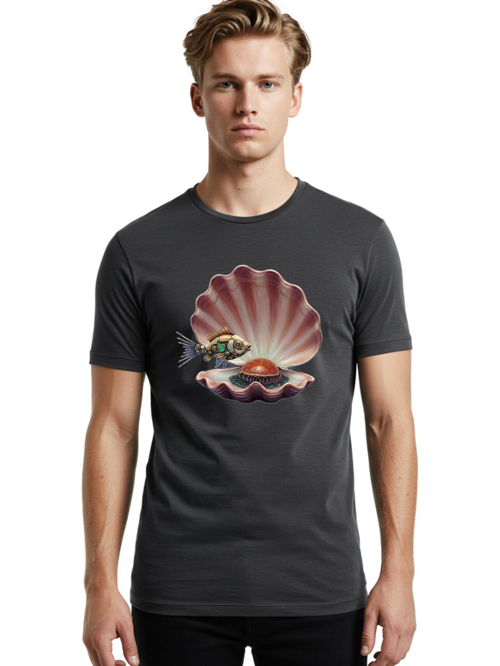 Steampunk-Fish-Pearl-Shell Men'S Graphic Tee, 100% Cotton, Comfortable Casual Summer Wear, Machine Washable, Vintage Camera, Old Camera, Antique Camera, Black Camera, Classic Photography, Photography Equipment, Nostalgic Device, Film Camera, Bal417