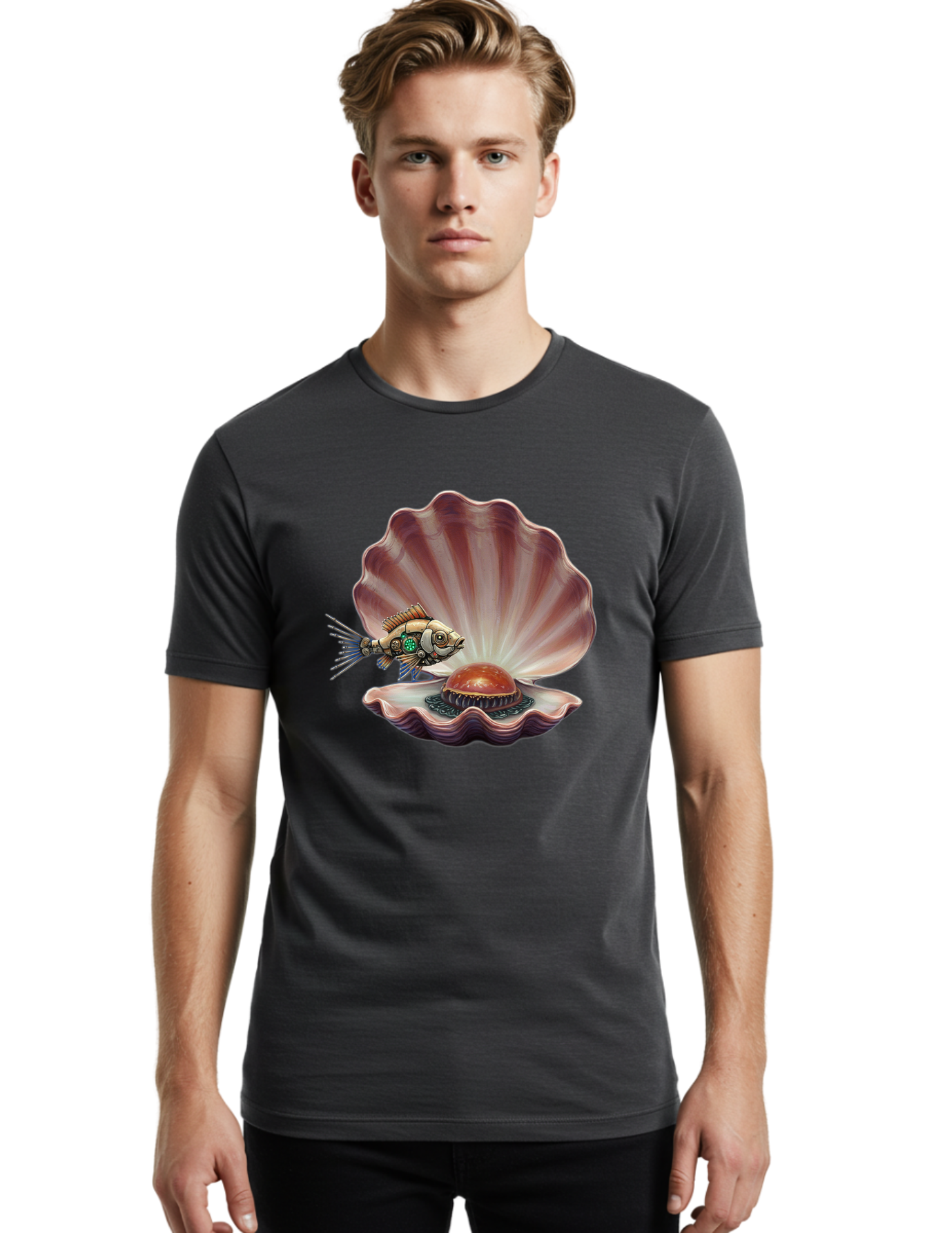Steampunk-Fish-Pearl-Shell Men'S Graphic Tee, 100% Cotton, Comfortable Casual Summer Wear, Machine Washable, Vintage Camera, Old Camera, Antique Camera, Black Camera, Classic Photography, Photography Equipment, Nostalgic Device, Film Camera, Bal417