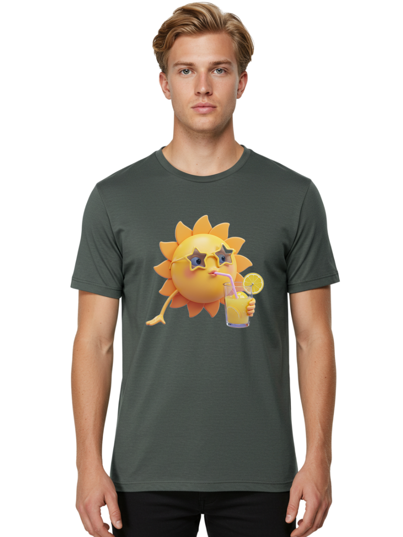 Sunny-Character-Drinking-Juice Men'S Graphic Tee, 100% Cotton, Comfortable Casual Summer Wear, Machine Washable, Vintage Camera, Old Camera, Antique Camera, Black Camera, Classic Photography, Photography Equipment, Nostalgic Device, Bal450