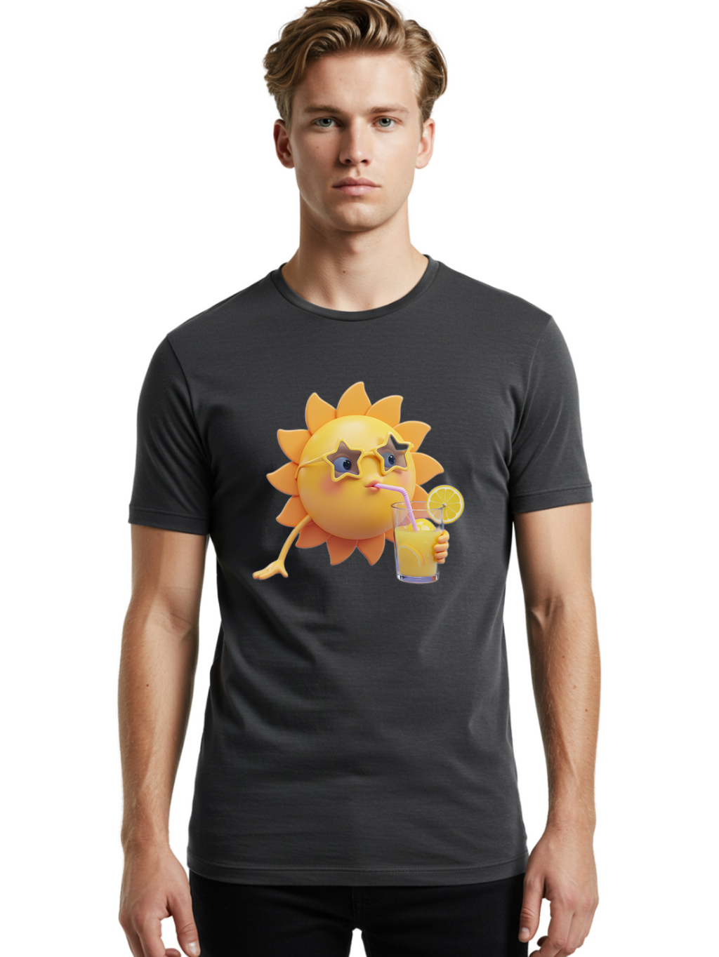 Sunny-Character-Drinking-Juice Men'S Graphic Tee, 100% Cotton, Comfortable Casual Summer Wear, Machine Washable, Vintage Camera, Old Camera, Antique Camera, Black Camera, Classic Photography, Photography Equipment, Nostalgic Device, Bal450