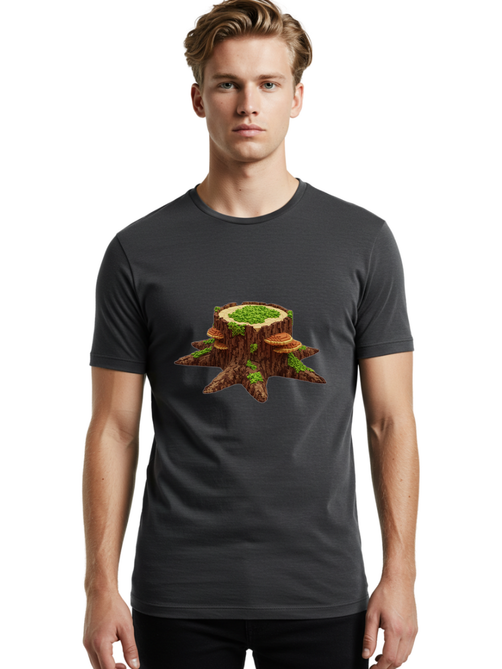 Tree-Stump-With-Mushrooms-1 Men'S Graphic Tee, 100% Cotton, Comfortable Casual Summer Wear, Machine Washable, Vintage Camera, Old Camera, Antique Camera, Black Camera, Classic Photography, Photography Equipment, Nostalgic Device, Film Camera, Bal504