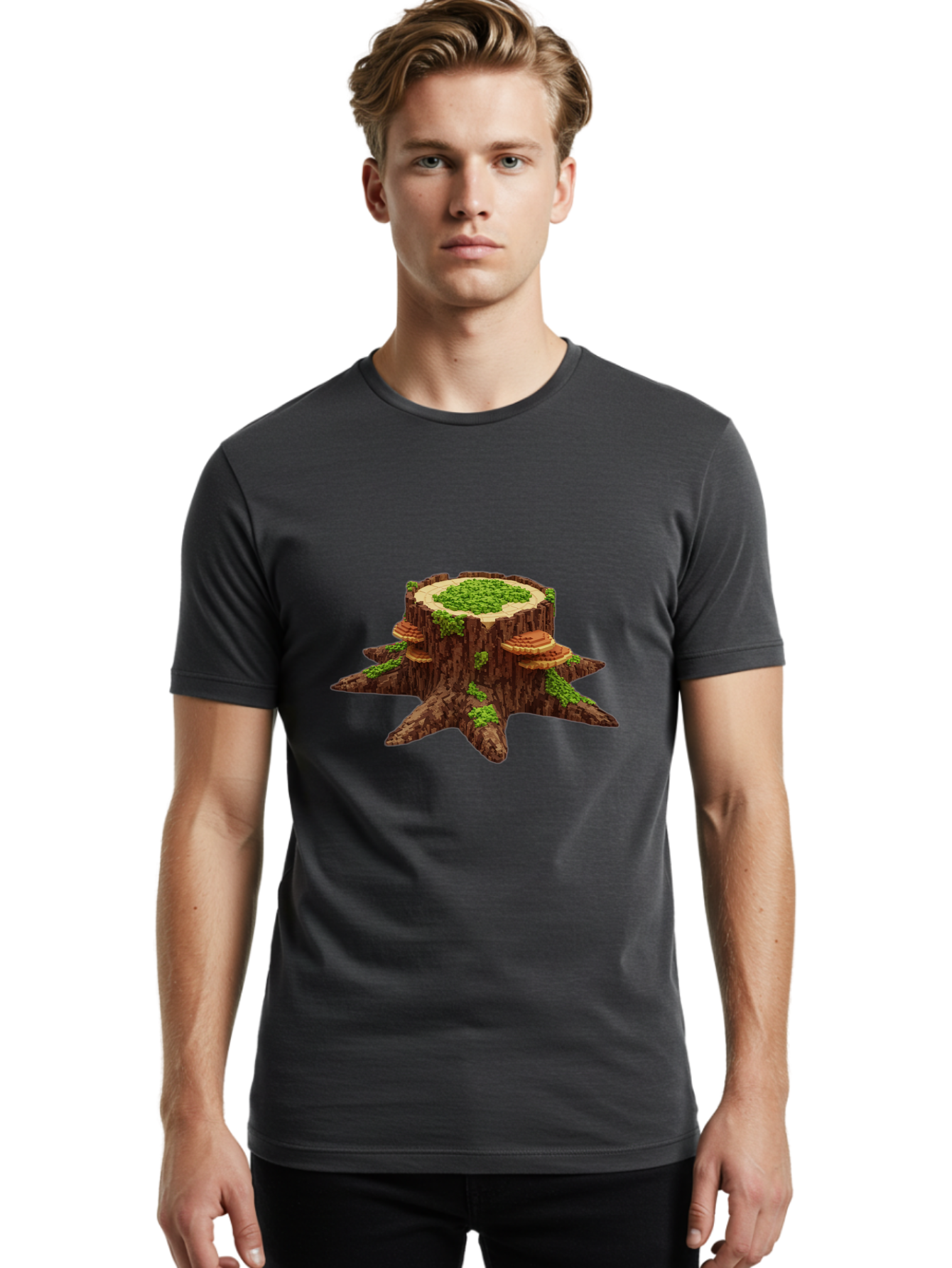 Tree-Stump-With-Mushrooms-1 Men'S Graphic Tee, 100% Cotton, Comfortable Casual Summer Wear, Machine Washable, Vintage Camera, Old Camera, Antique Camera, Black Camera, Classic Photography, Photography Equipment, Nostalgic Device, Film Camera, Bal504