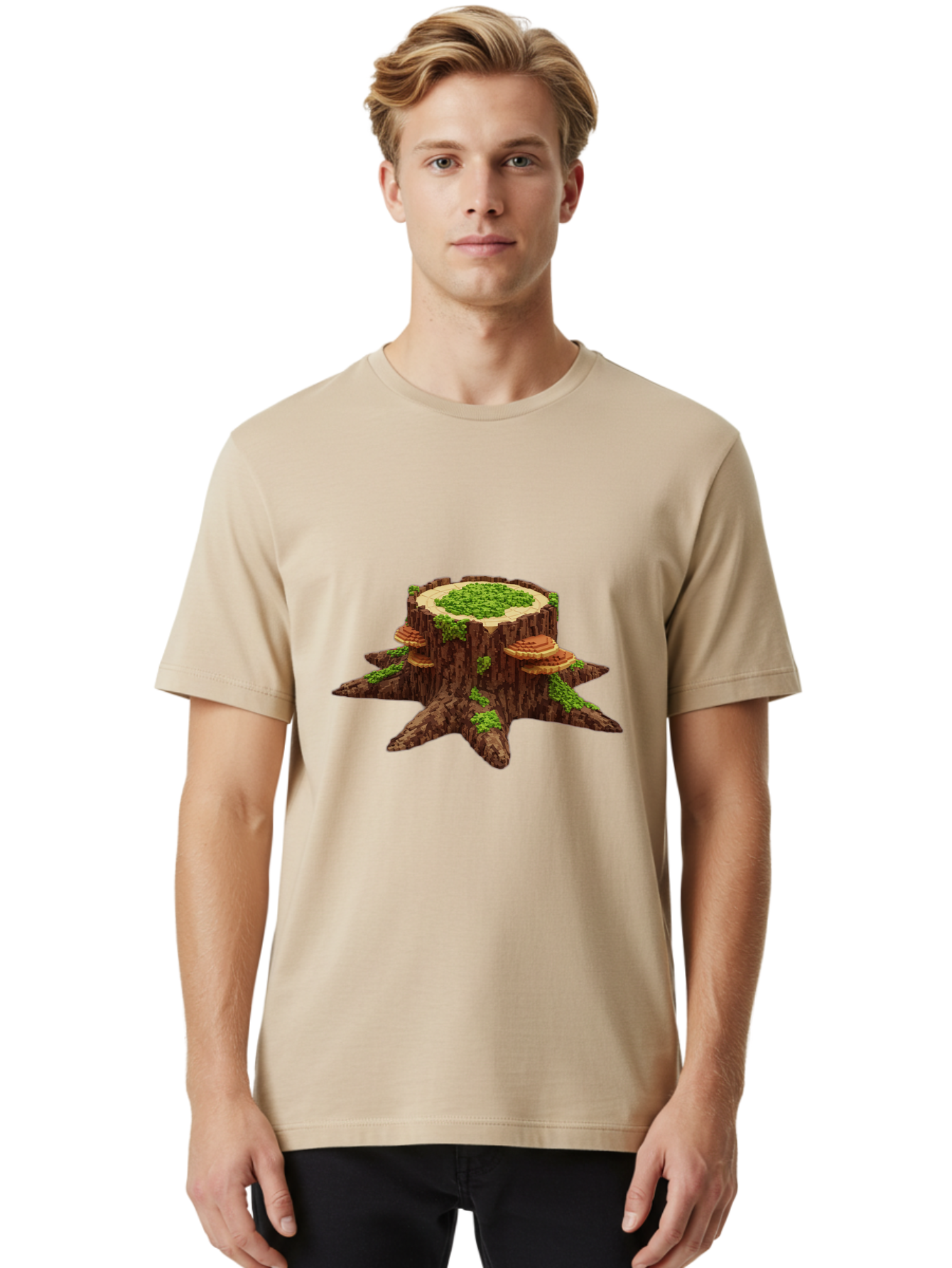Tree-Stump-With-Mushrooms-1 Men'S Graphic Tee, 100% Cotton, Comfortable Casual Summer Wear, Machine Washable, Vintage Camera, Old Camera, Antique Camera, Black Camera, Classic Photography, Photography Equipment, Nostalgic Device, Film Camera, Bal504