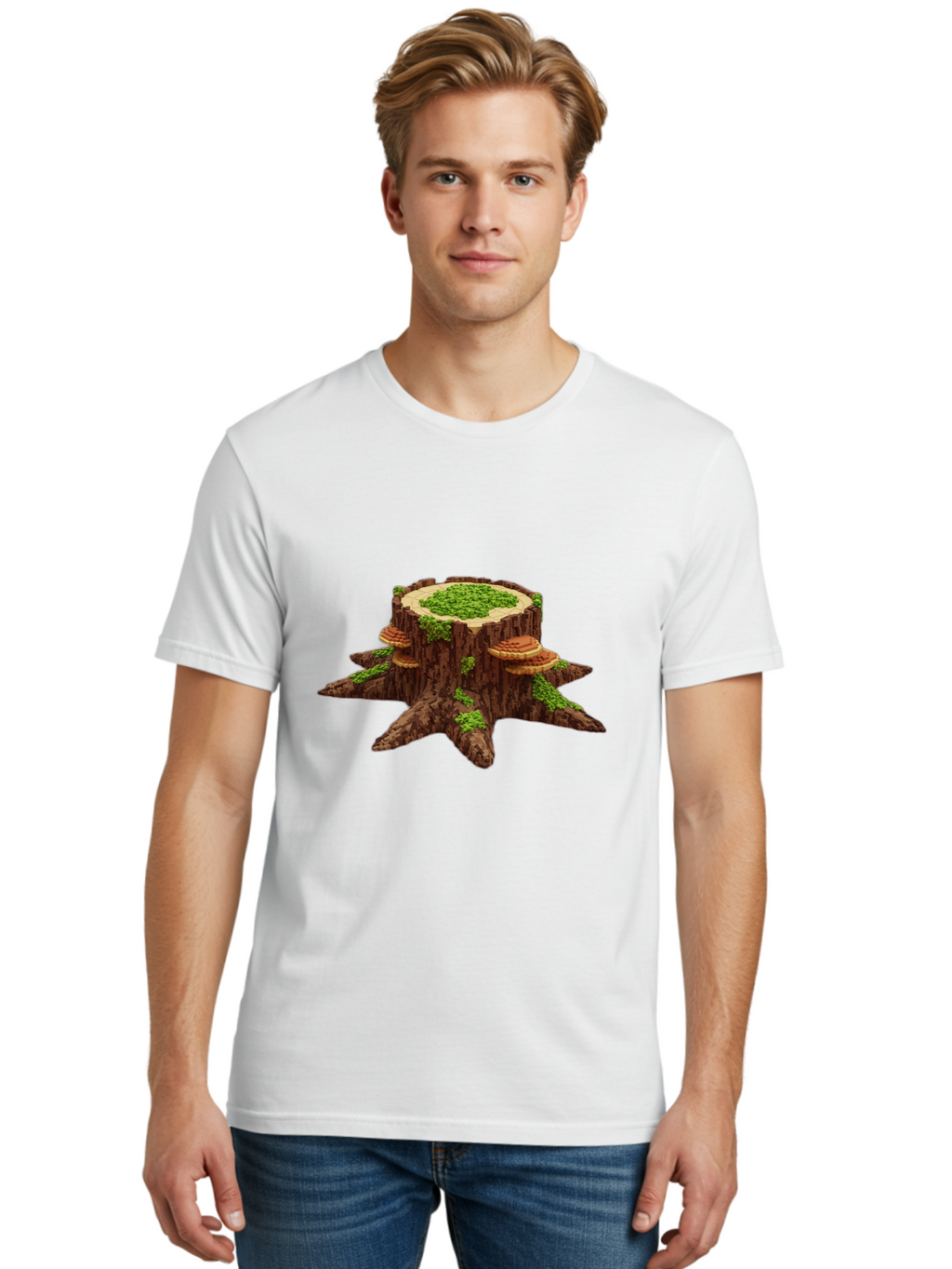 Tree-Stump-With-Mushrooms-1 Men'S Graphic Tee, 100% Cotton, Comfortable Casual Summer Wear, Machine Washable, Vintage Camera, Old Camera, Antique Camera, Black Camera, Classic Photography, Photography Equipment, Nostalgic Device, Film Camera, Bal504