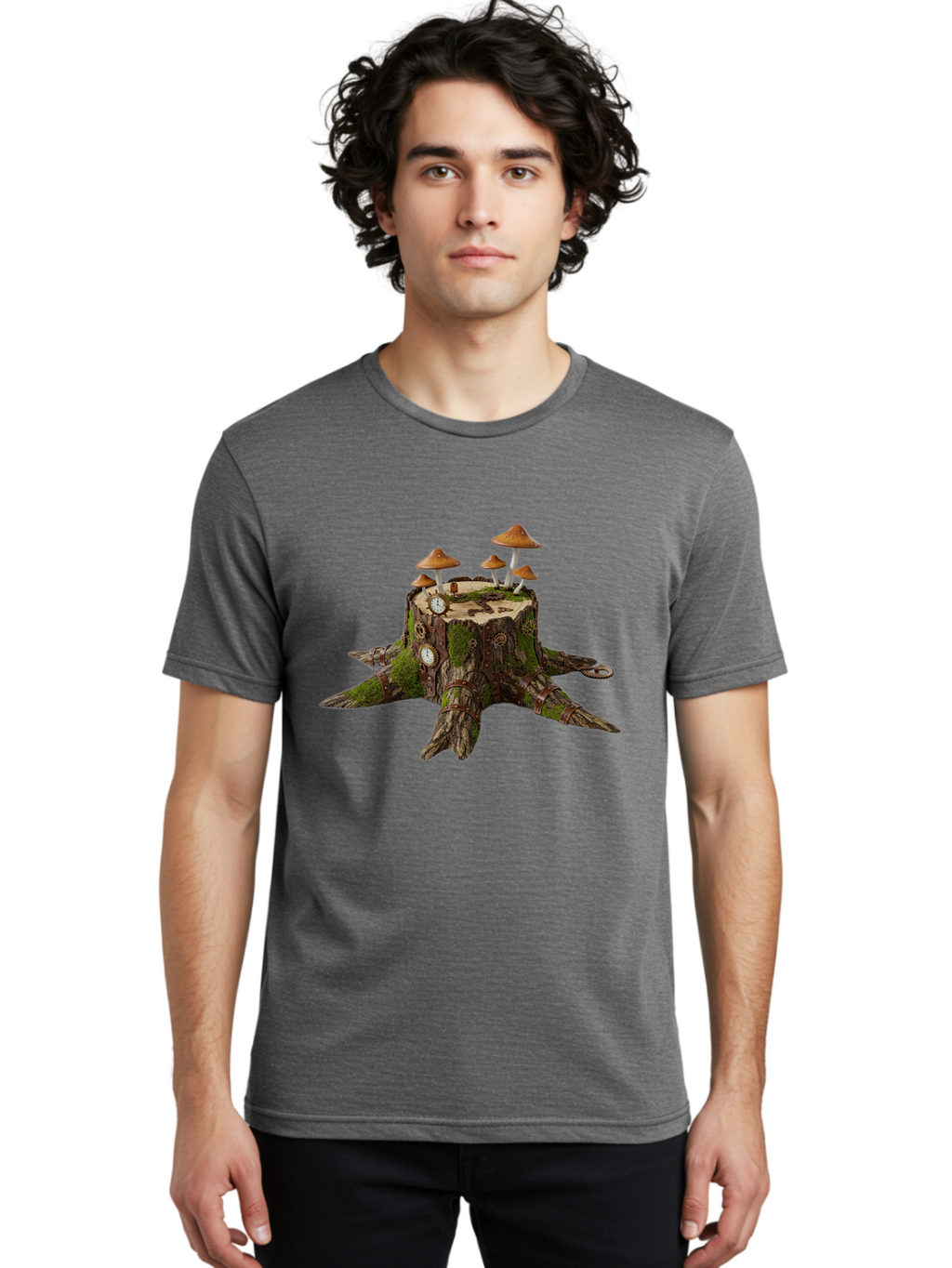 Tree-Stump-With-Mushrooms-2 Men'S Graphic Tee, 100% Cotton, Comfortable Casual Summer Wear, Machine Washable, Vintage Camera, Old Camera, Antique Camera, Black Camera, Classic Photography, Photography Equipment, Nostalgic Device, Film Camera, Bal505