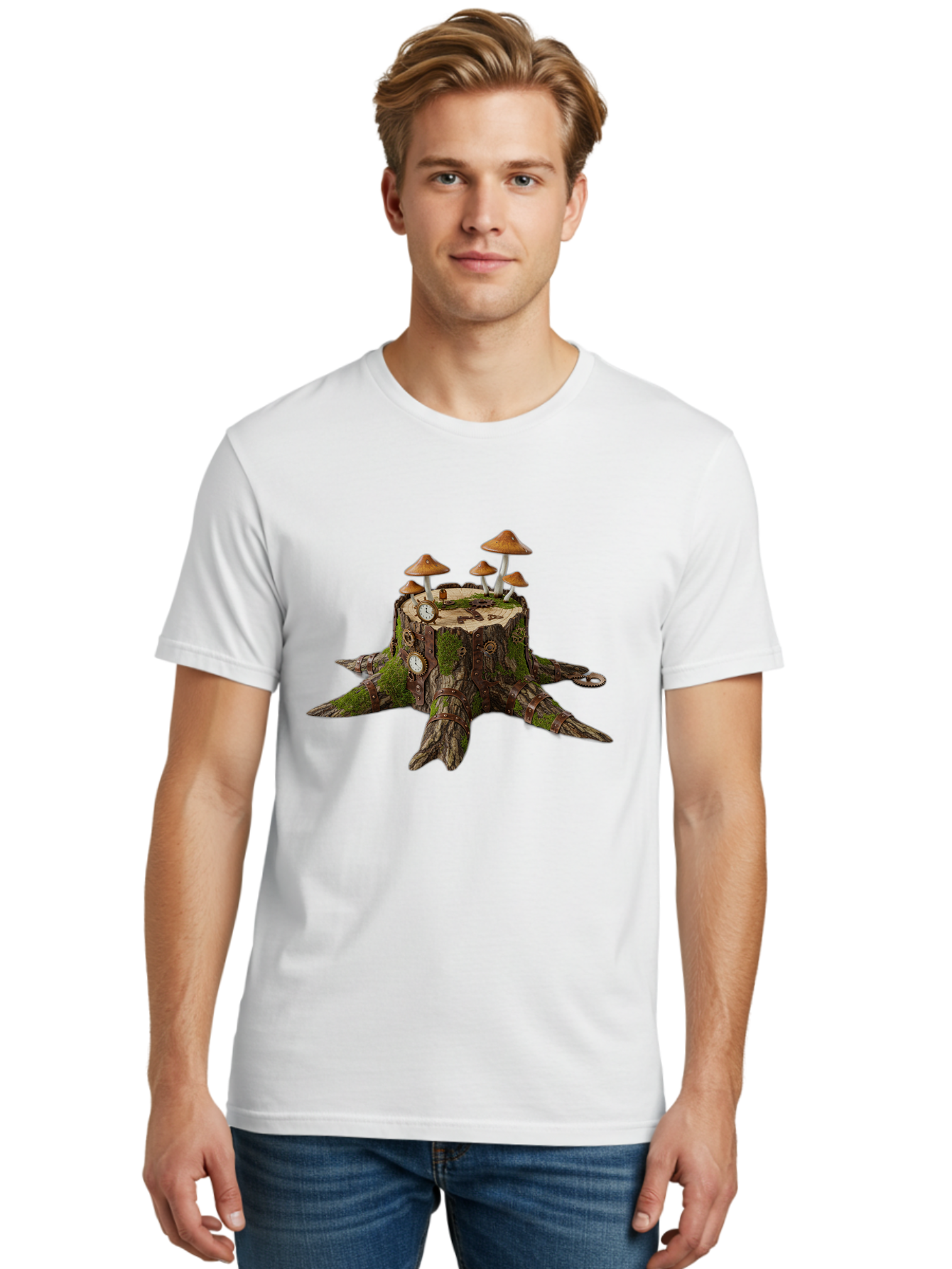 Tree-Stump-With-Mushrooms-2 Men'S Graphic Tee, 100% Cotton, Comfortable Casual Summer Wear, Machine Washable, Vintage Camera, Old Camera, Antique Camera, Black Camera, Classic Photography, Photography Equipment, Nostalgic Device, Film Camera, Bal505