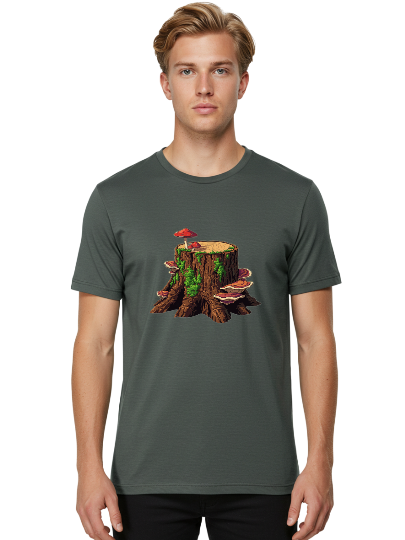 Tree-Stump-With-Mushrooms-4 Men'S Graphic Tee, 100% Cotton, Comfortable Casual Summer Wear, Machine Washable, Vintage Camera, Old Camera, Antique Camera, Black Camera, Classic Photography, Photography Equipment, Nostalgic Device, Film Camera, Bal507