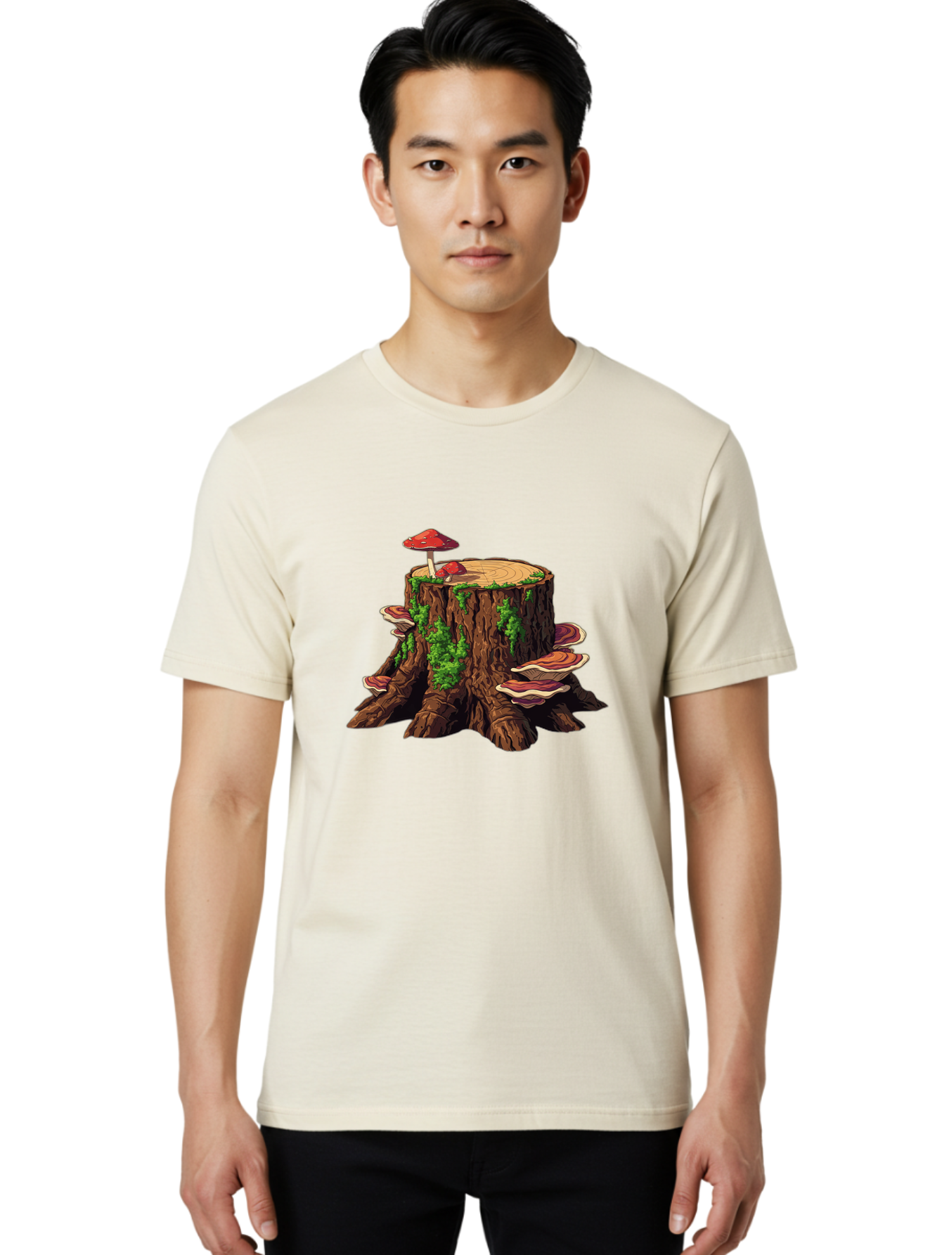 Tree-Stump-With-Mushrooms-4 Men'S Graphic Tee, 100% Cotton, Comfortable Casual Summer Wear, Machine Washable, Vintage Camera, Old Camera, Antique Camera, Black Camera, Classic Photography, Photography Equipment, Nostalgic Device, Film Camera, Bal507