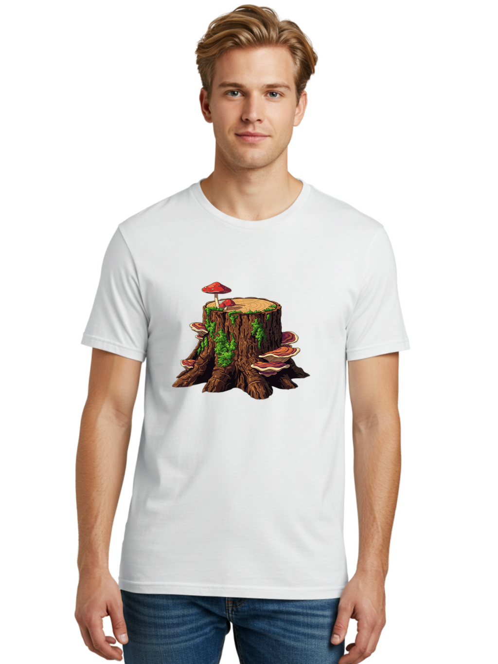 Tree-Stump-With-Mushrooms-4 Men'S Graphic Tee, 100% Cotton, Comfortable Casual Summer Wear, Machine Washable, Vintage Camera, Old Camera, Antique Camera, Black Camera, Classic Photography, Photography Equipment, Nostalgic Device, Film Camera, Bal507