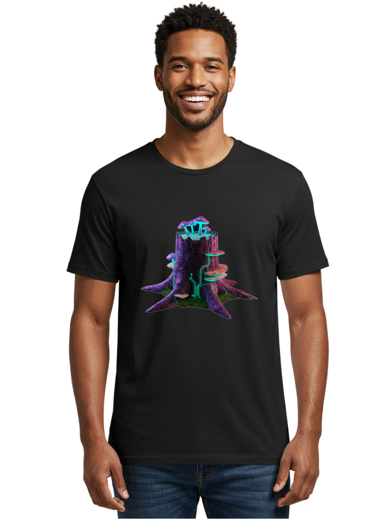 Tree-Stump-With-Mushrooms-And-Circuitry Men'S Graphic Tee, 100% Cotton, Comfortable Casual Summer Wear, Machine Washable, Vintage Camera, Old Camera, Antique Camera, Black Camera, Classic Photography, Photography Equipment, Nostalgic Device, Bal508