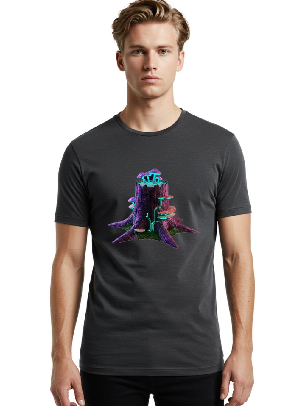 Tree-Stump-With-Mushrooms-And-Circuitry Men'S Graphic Tee, 100% Cotton, Comfortable Casual Summer Wear, Machine Washable, Vintage Camera, Old Camera, Antique Camera, Black Camera, Classic Photography, Photography Equipment, Nostalgic Device, Bal508