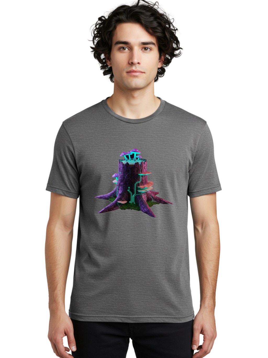 Tree-Stump-With-Mushrooms-And-Circuitry Men'S Graphic Tee, 100% Cotton, Comfortable Casual Summer Wear, Machine Washable, Vintage Camera, Old Camera, Antique Camera, Black Camera, Classic Photography, Photography Equipment, Nostalgic Device, Bal508