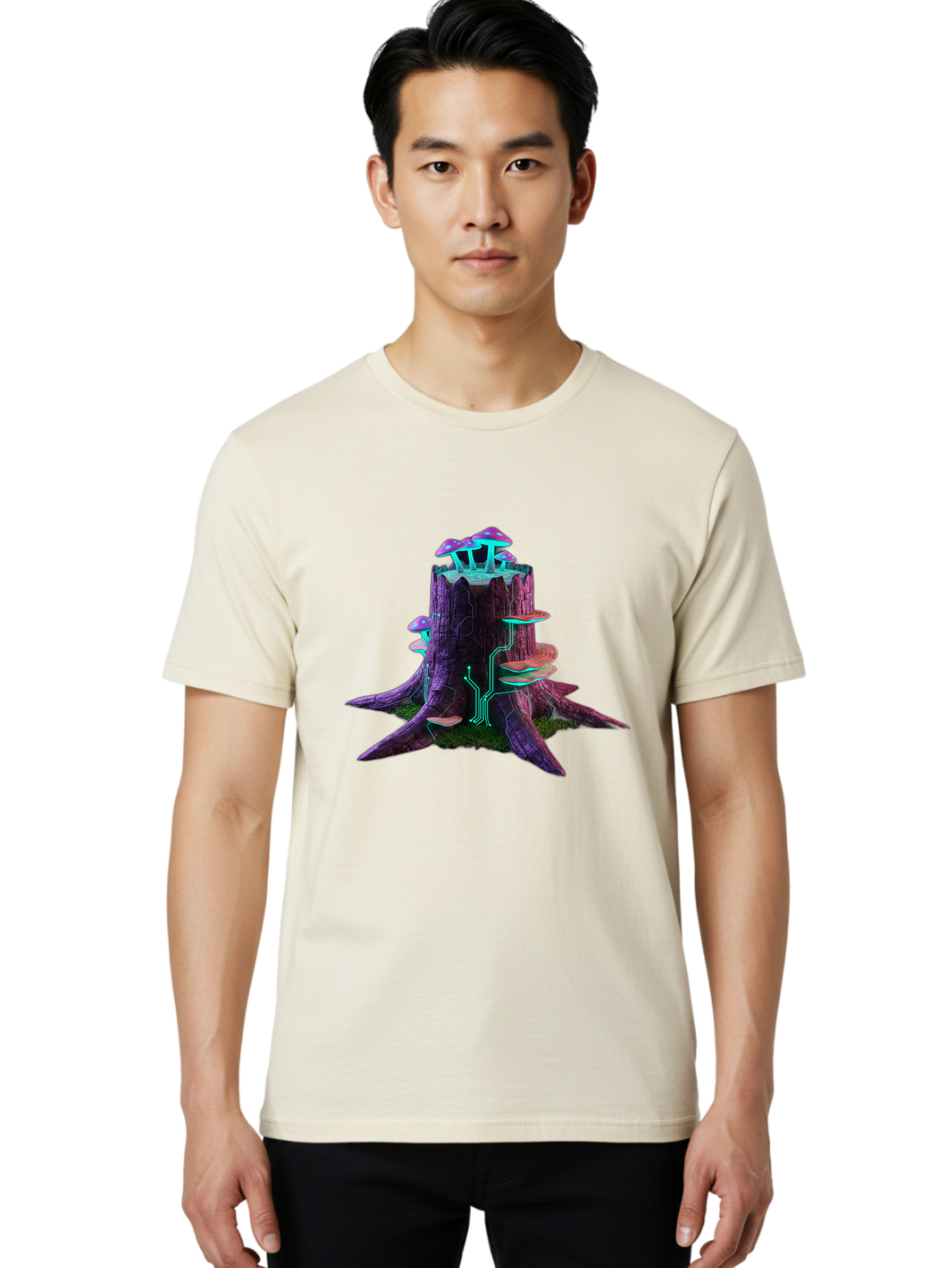 Tree-Stump-With-Mushrooms-And-Circuitry Men'S Graphic Tee, 100% Cotton, Comfortable Casual Summer Wear, Machine Washable, Vintage Camera, Old Camera, Antique Camera, Black Camera, Classic Photography, Photography Equipment, Nostalgic Device, Bal508
