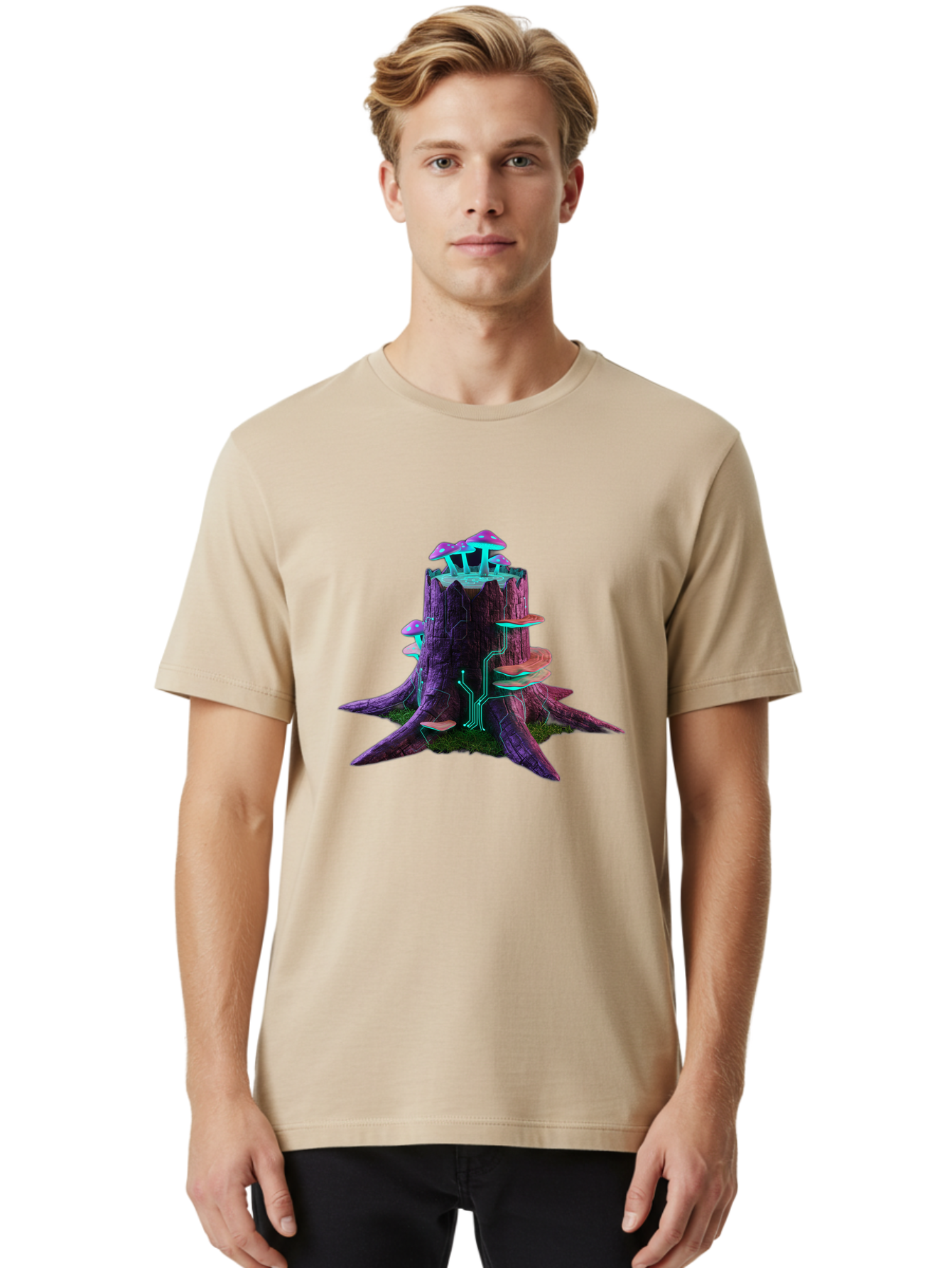 Tree-Stump-With-Mushrooms-And-Circuitry Men'S Graphic Tee, 100% Cotton, Comfortable Casual Summer Wear, Machine Washable, Vintage Camera, Old Camera, Antique Camera, Black Camera, Classic Photography, Photography Equipment, Nostalgic Device, Bal508