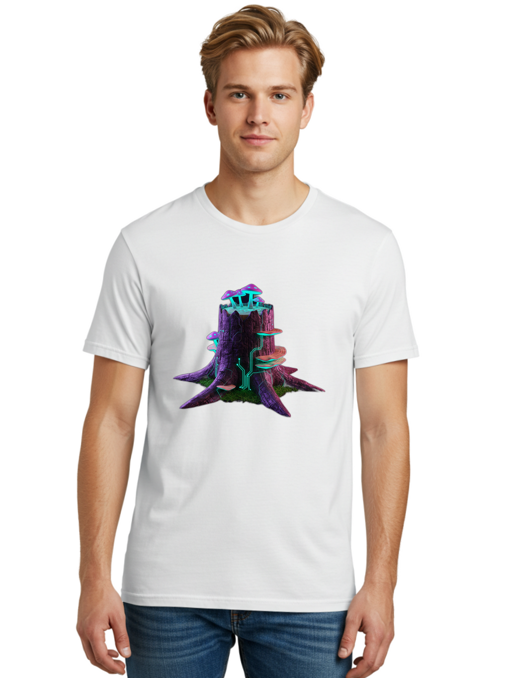 Tree-Stump-With-Mushrooms-And-Circuitry Men'S Graphic Tee, 100% Cotton, Comfortable Casual Summer Wear, Machine Washable, Vintage Camera, Old Camera, Antique Camera, Black Camera, Classic Photography, Photography Equipment, Nostalgic Device, Bal508