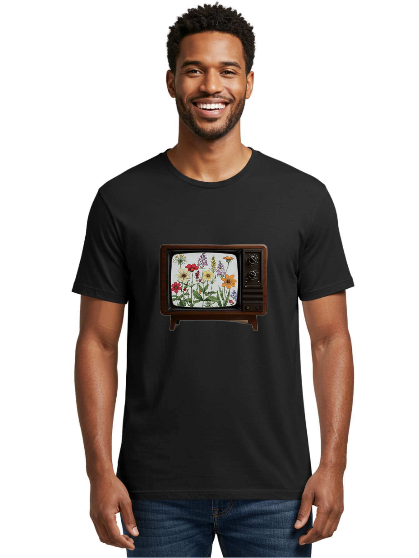 Tv-With-Flowers Men'S Graphic Tee, 100% Cotton, Comfortable Casual Summer Wear, Machine Washable, Vintage Camera, Old Camera, Antique Camera, Black Camera, Classic Photography, Photography Equipment, Nostalgic Device, Film Camera, Camera Art Bal516
