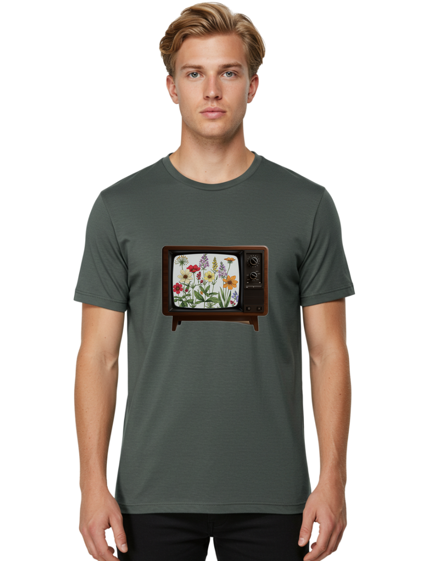 Tv-With-Flowers Men'S Graphic Tee, 100% Cotton, Comfortable Casual Summer Wear, Machine Washable, Vintage Camera, Old Camera, Antique Camera, Black Camera, Classic Photography, Photography Equipment, Nostalgic Device, Film Camera, Camera Art Bal516