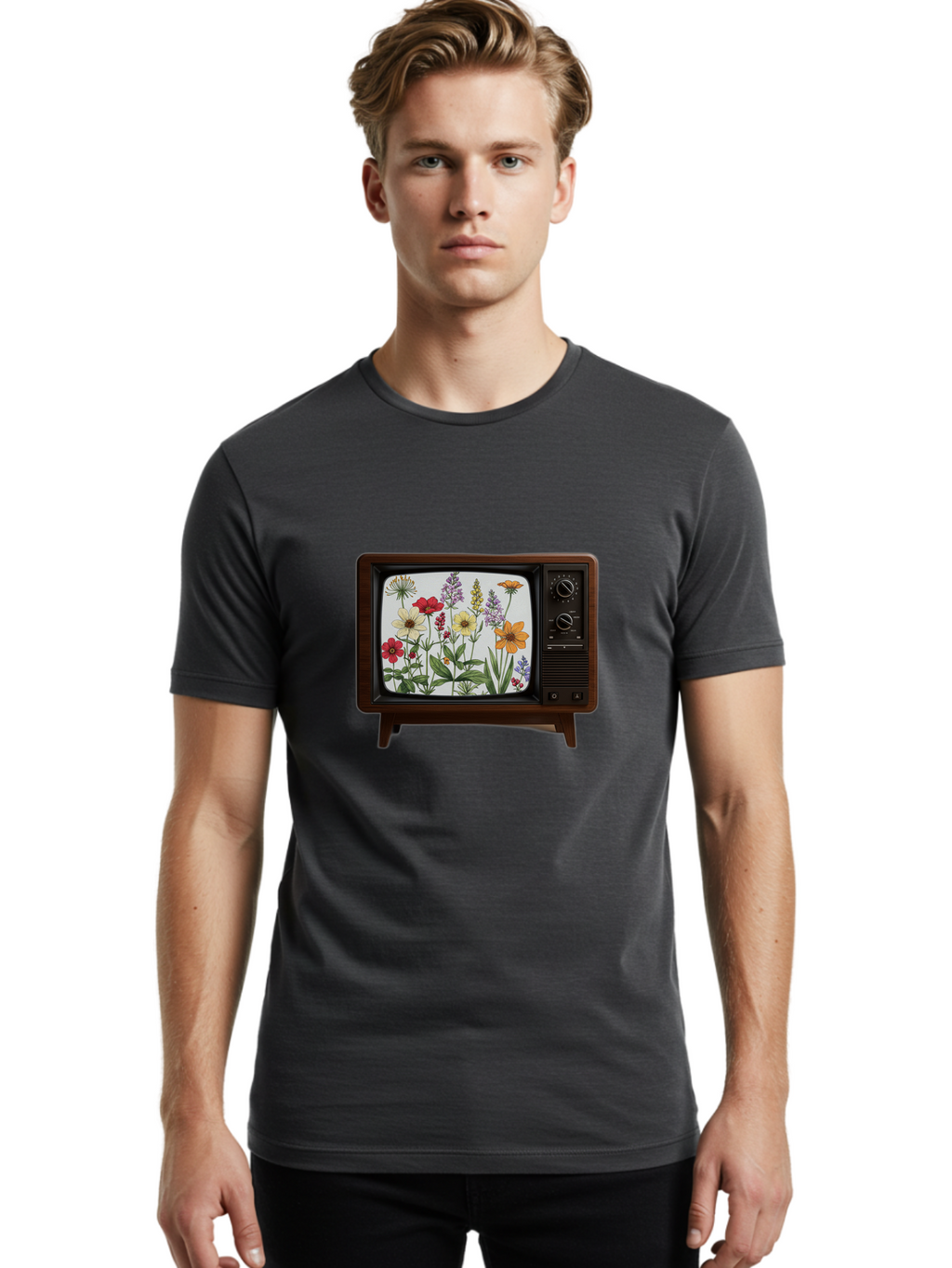 Tv-With-Flowers Men'S Graphic Tee, 100% Cotton, Comfortable Casual Summer Wear, Machine Washable, Vintage Camera, Old Camera, Antique Camera, Black Camera, Classic Photography, Photography Equipment, Nostalgic Device, Film Camera, Camera Art Bal516