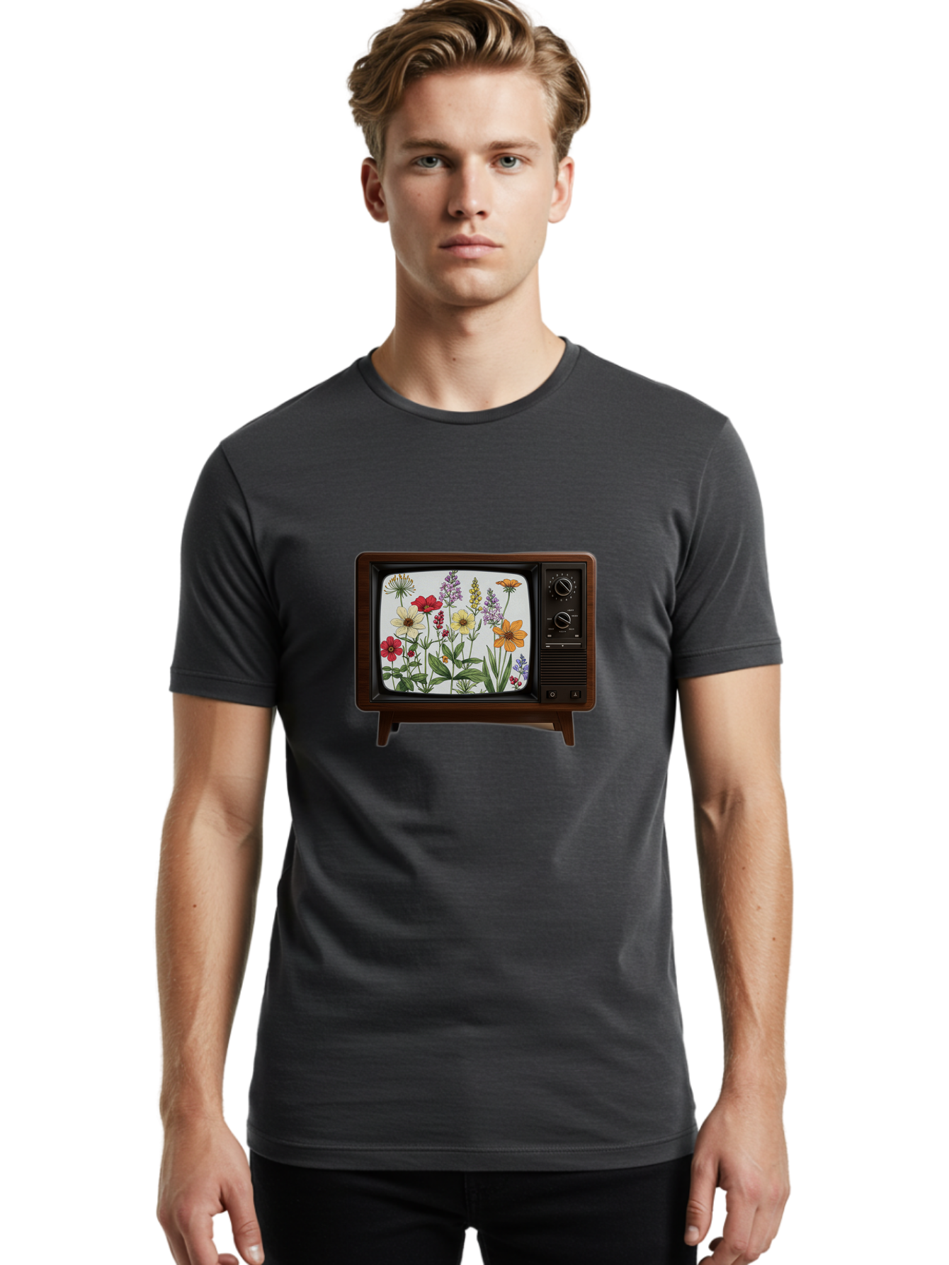 Tv-With-Flowers Men'S Graphic Tee, 100% Cotton, Comfortable Casual Summer Wear, Machine Washable, Vintage Camera, Old Camera, Antique Camera, Black Camera, Classic Photography, Photography Equipment, Nostalgic Device, Film Camera, Camera Art Bal516
