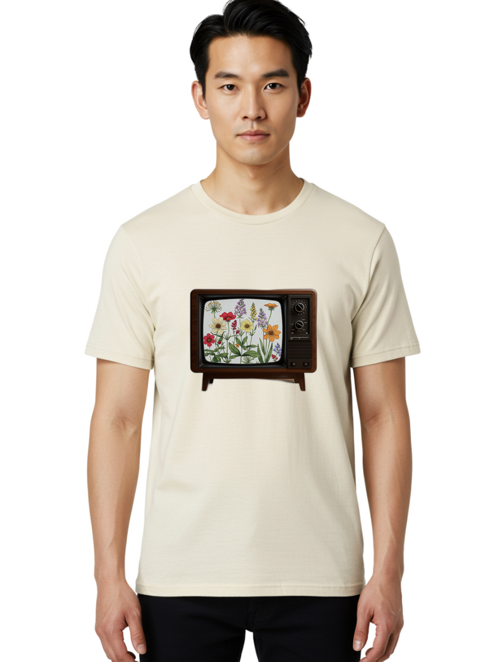 Tv-With-Flowers Men'S Graphic Tee, 100% Cotton, Comfortable Casual Summer Wear, Machine Washable, Vintage Camera, Old Camera, Antique Camera, Black Camera, Classic Photography, Photography Equipment, Nostalgic Device, Film Camera, Camera Art Bal516