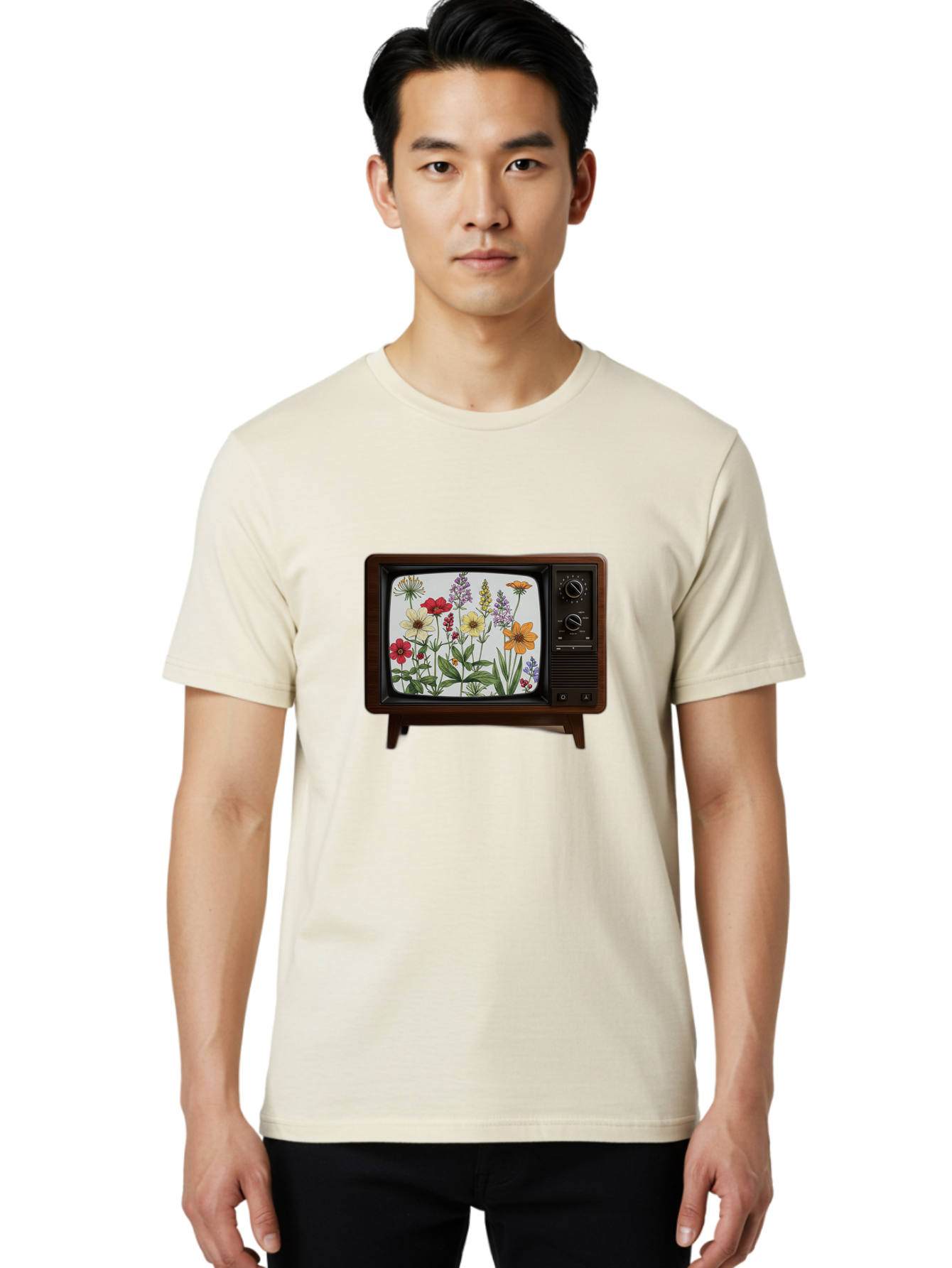 Tv-With-Flowers Men'S Graphic Tee, 100% Cotton, Comfortable Casual Summer Wear, Machine Washable, Vintage Camera, Old Camera, Antique Camera, Black Camera, Classic Photography, Photography Equipment, Nostalgic Device, Film Camera, Camera Art Bal516