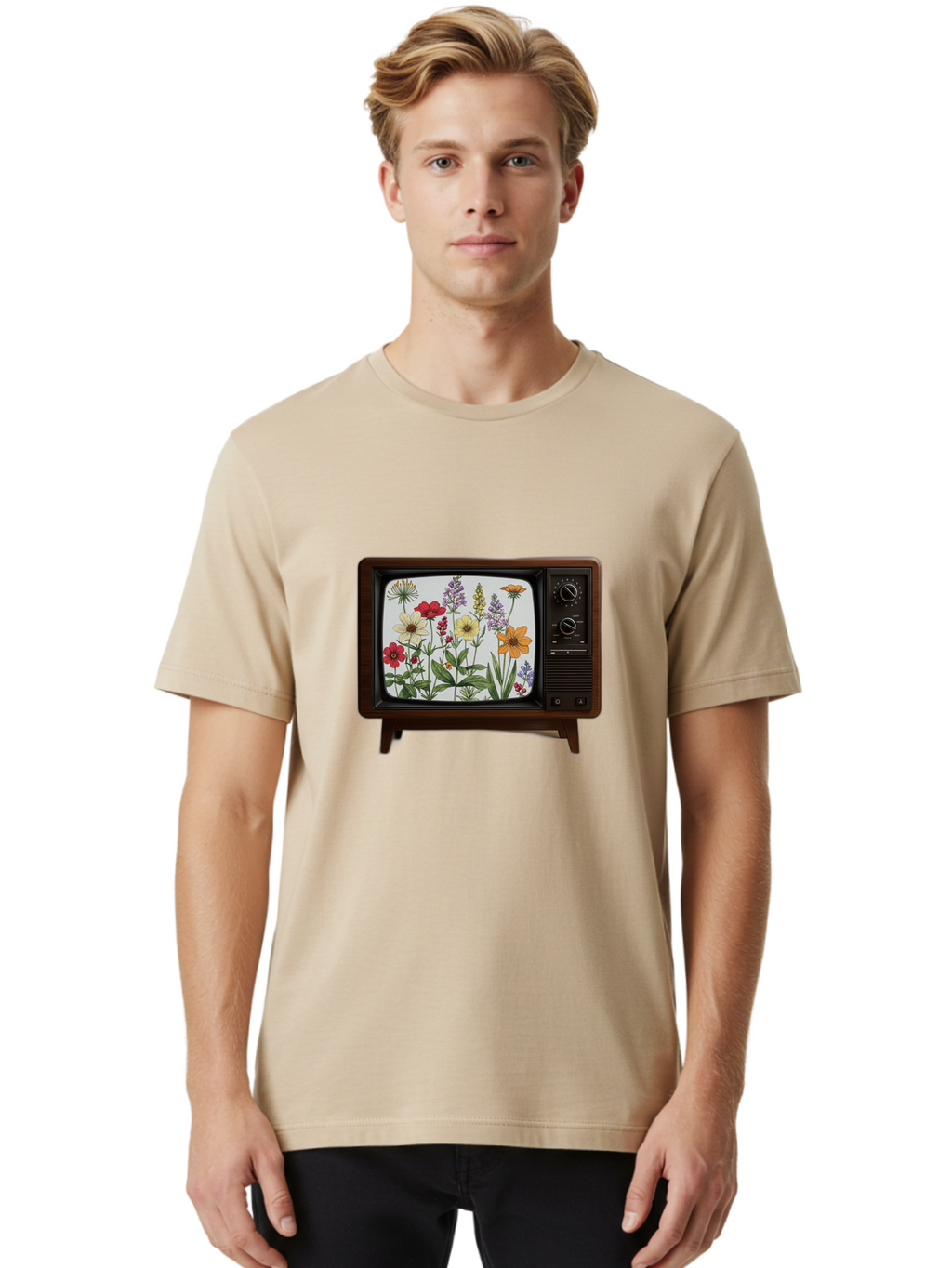 Tv-With-Flowers Men'S Graphic Tee, 100% Cotton, Comfortable Casual Summer Wear, Machine Washable, Vintage Camera, Old Camera, Antique Camera, Black Camera, Classic Photography, Photography Equipment, Nostalgic Device, Film Camera, Camera Art Bal516