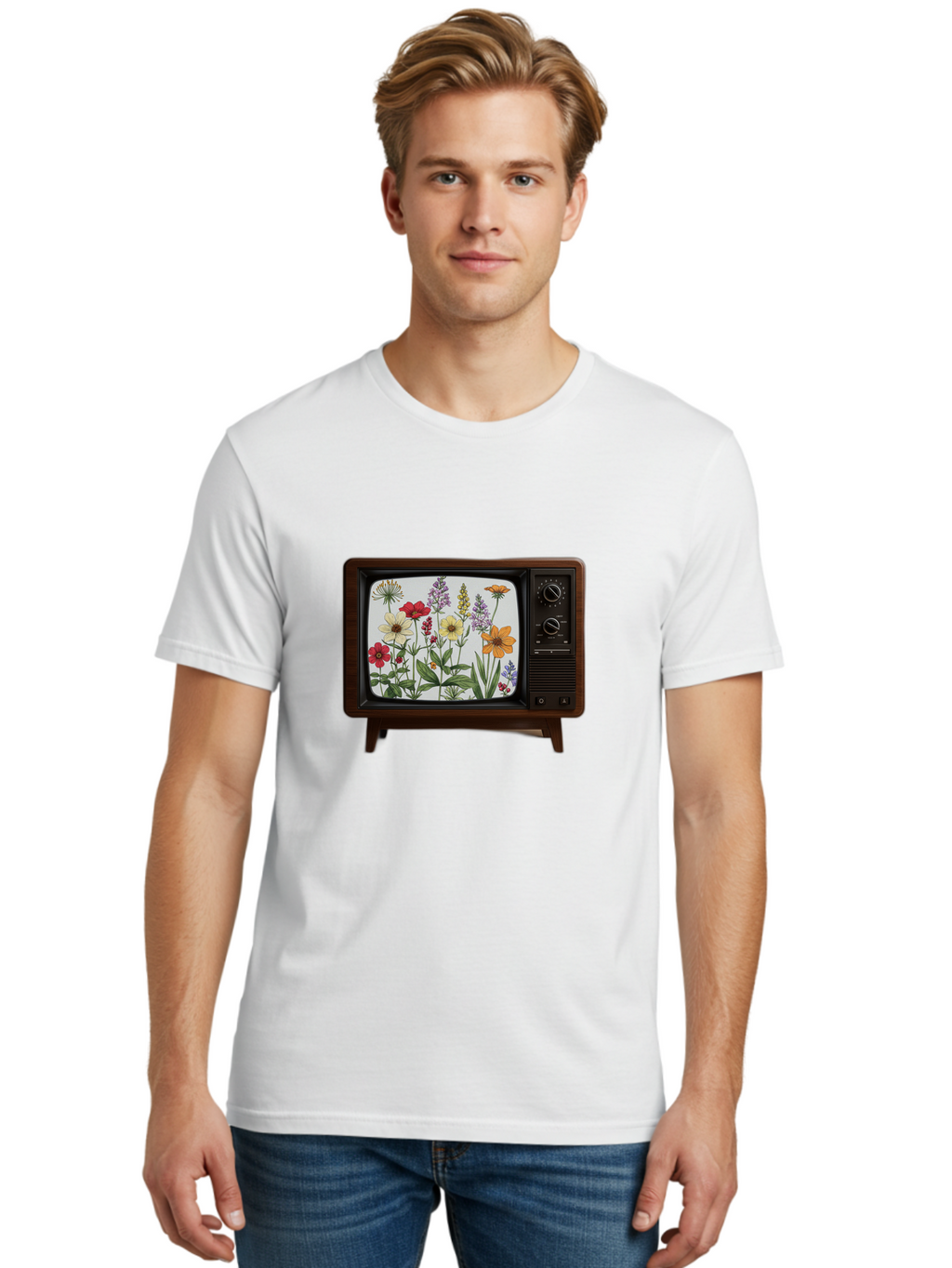 Tv-With-Flowers Men'S Graphic Tee, 100% Cotton, Comfortable Casual Summer Wear, Machine Washable, Vintage Camera, Old Camera, Antique Camera, Black Camera, Classic Photography, Photography Equipment, Nostalgic Device, Film Camera, Camera Art Bal516