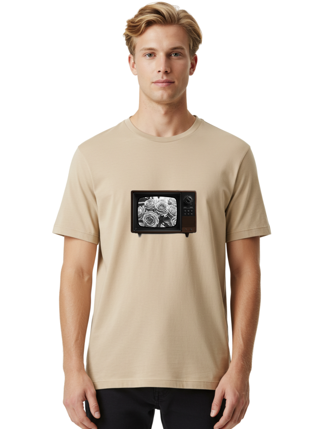 Tv-With-Roses Men'S Graphic Tee, 100% Cotton, Comfortable Casual Summer Wear, Machine Washable, Vintage Camera, Old Camera, Antique Camera, Black Camera, Classic Photography, Photography Equipment, Nostalgic Device, Film Camera, Camera Art Bal517